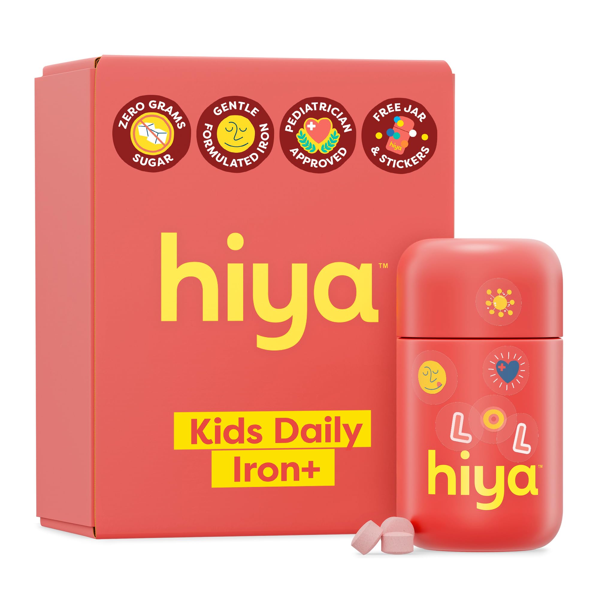 Hiya Iron+ para niños, botella con sabor fresa, lista para consumo diario.