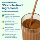 HIYA Kids Greens Powder Sticks, ingredientes clave como col rizada y algas marinas apoyan desarrollo sano.