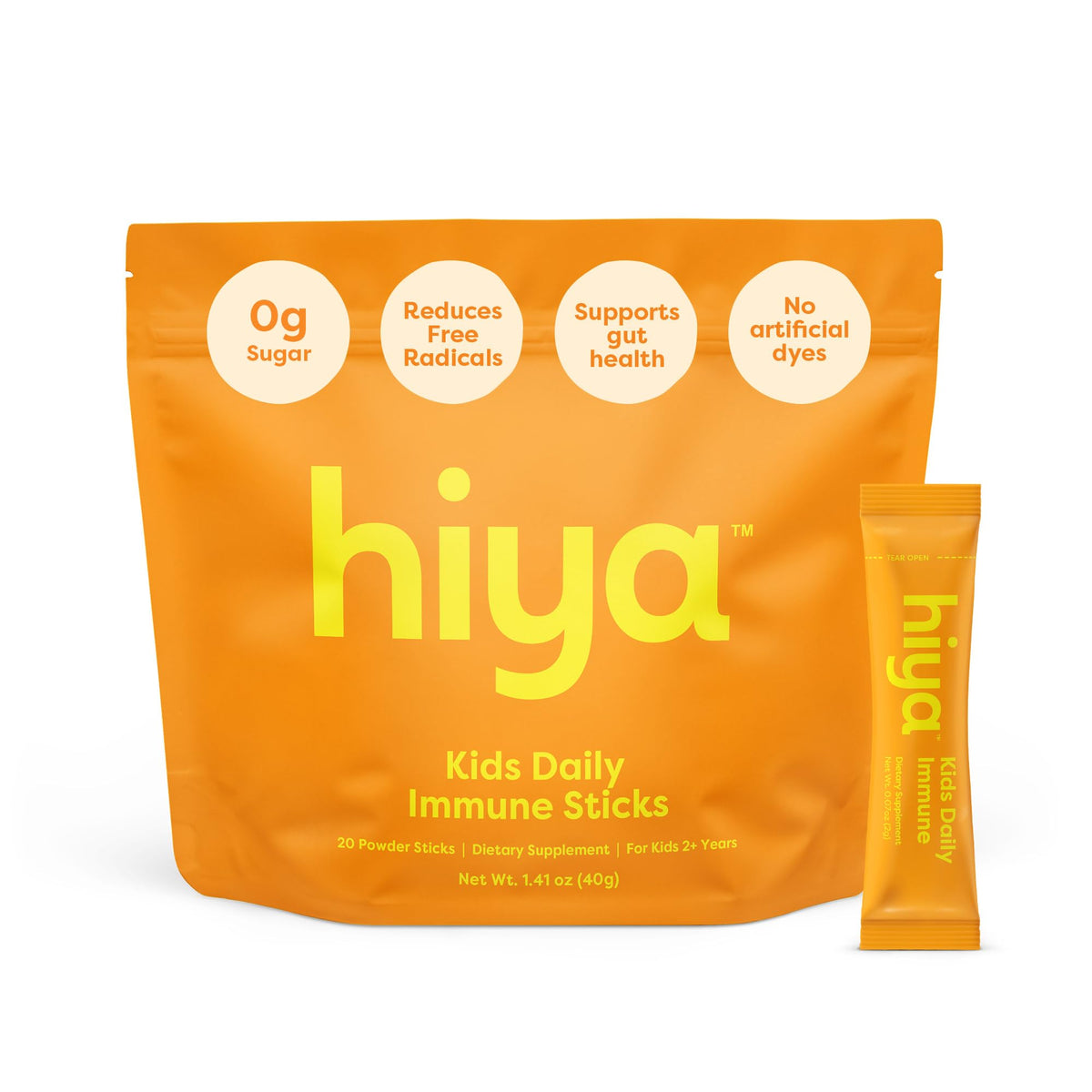 HIYA Kids Inmunidad: empaque frontal, fácil de reconocer para la rutina diaria de los niños.