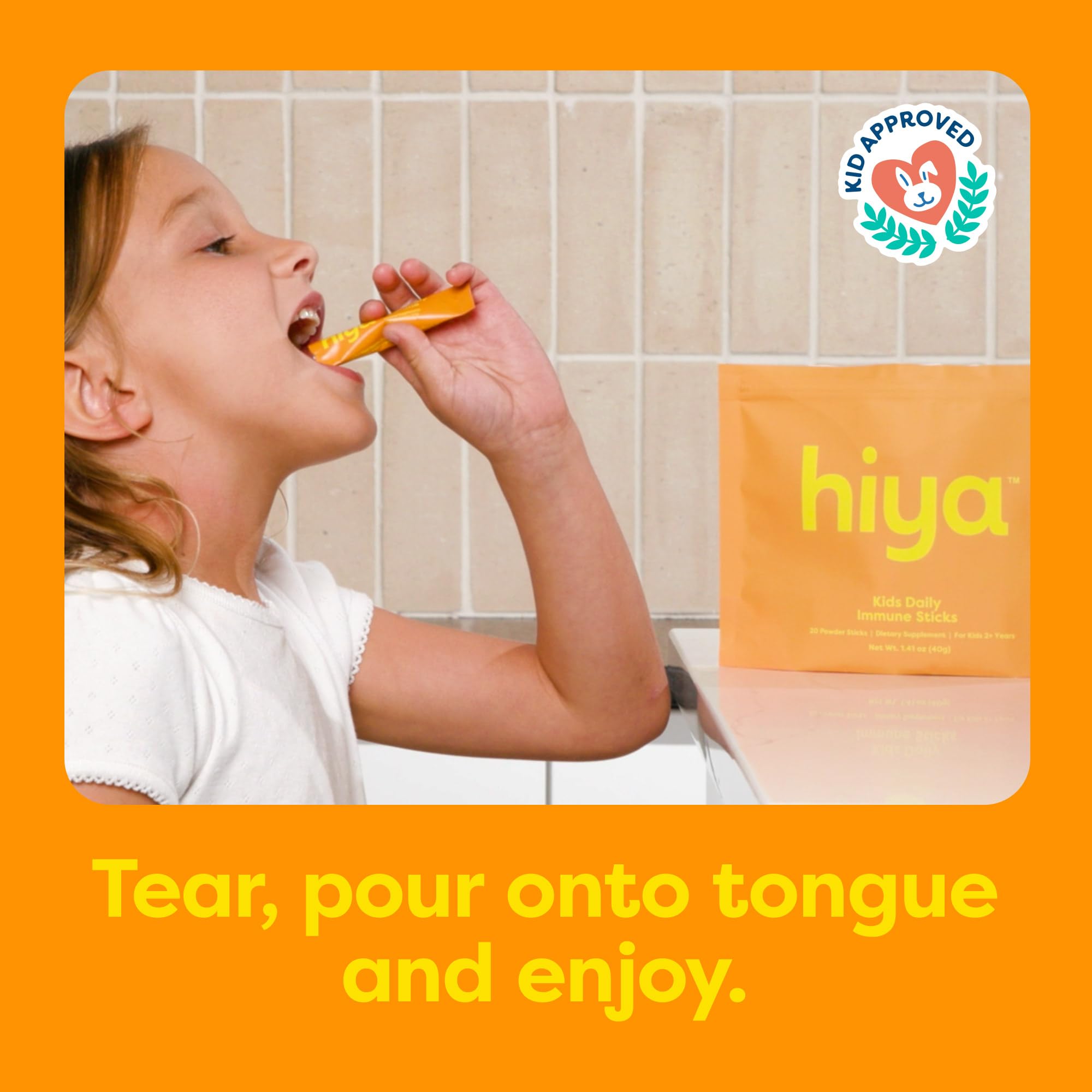 HIYA Kids Inmunidad: sabor a naranja, paladar infantil agradable sin azúcar.