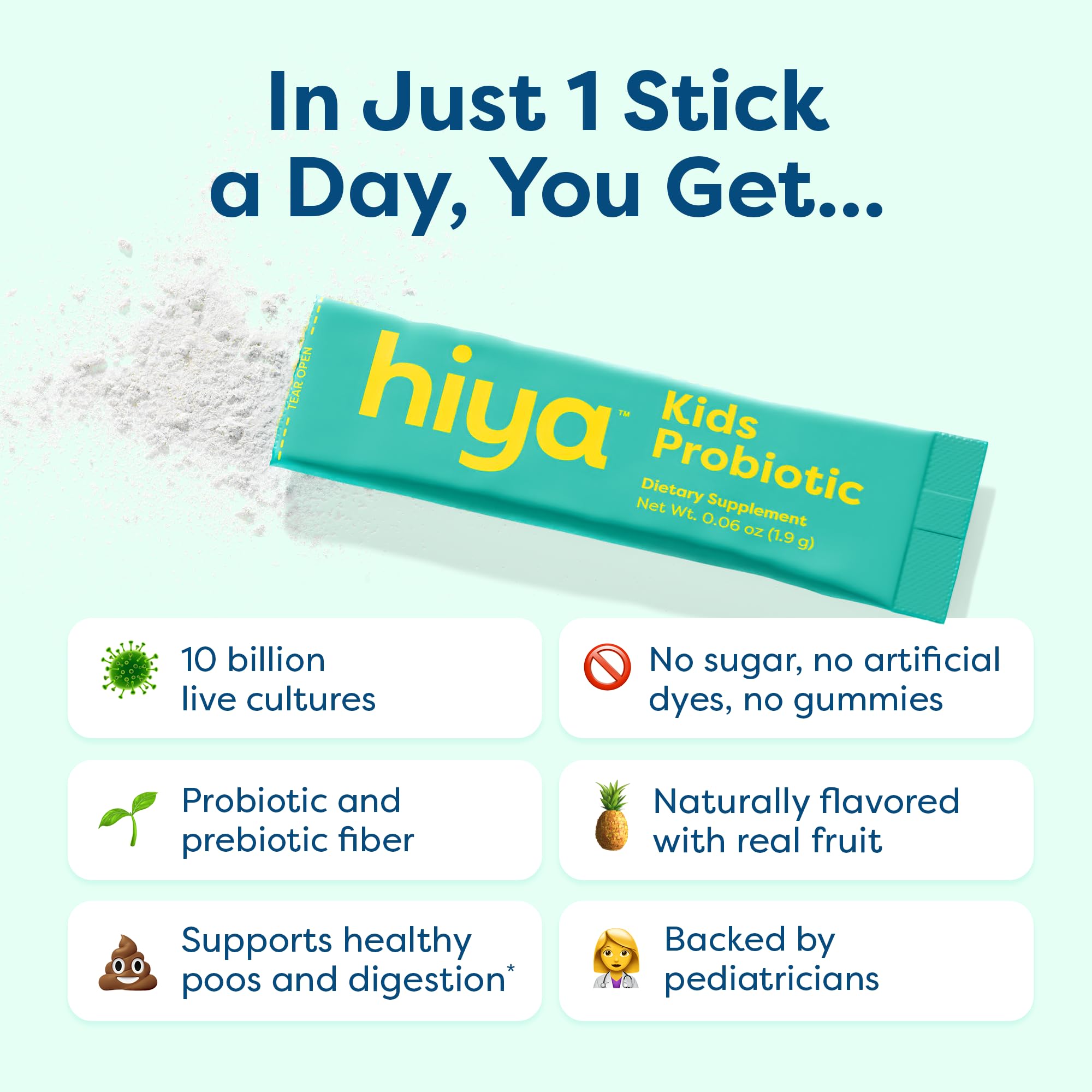 Envase de Hiya Kids Probiotic, práctico para la mochila diaria.