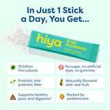 Envase de Hiya Kids Probiotic, práctico para la mochila diaria.