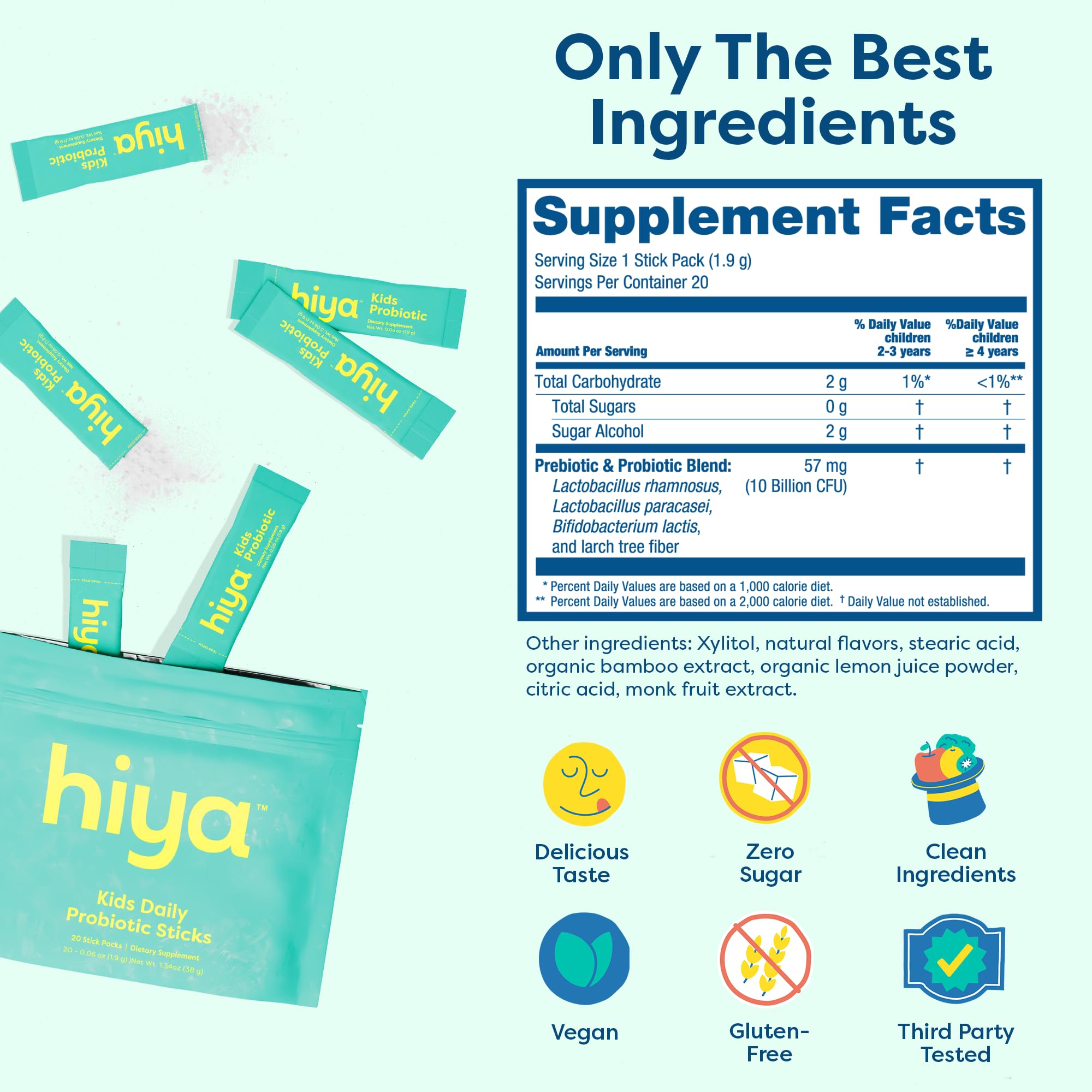 Formato palito Hiya Kids Probiotic, ideal para consumo diario.