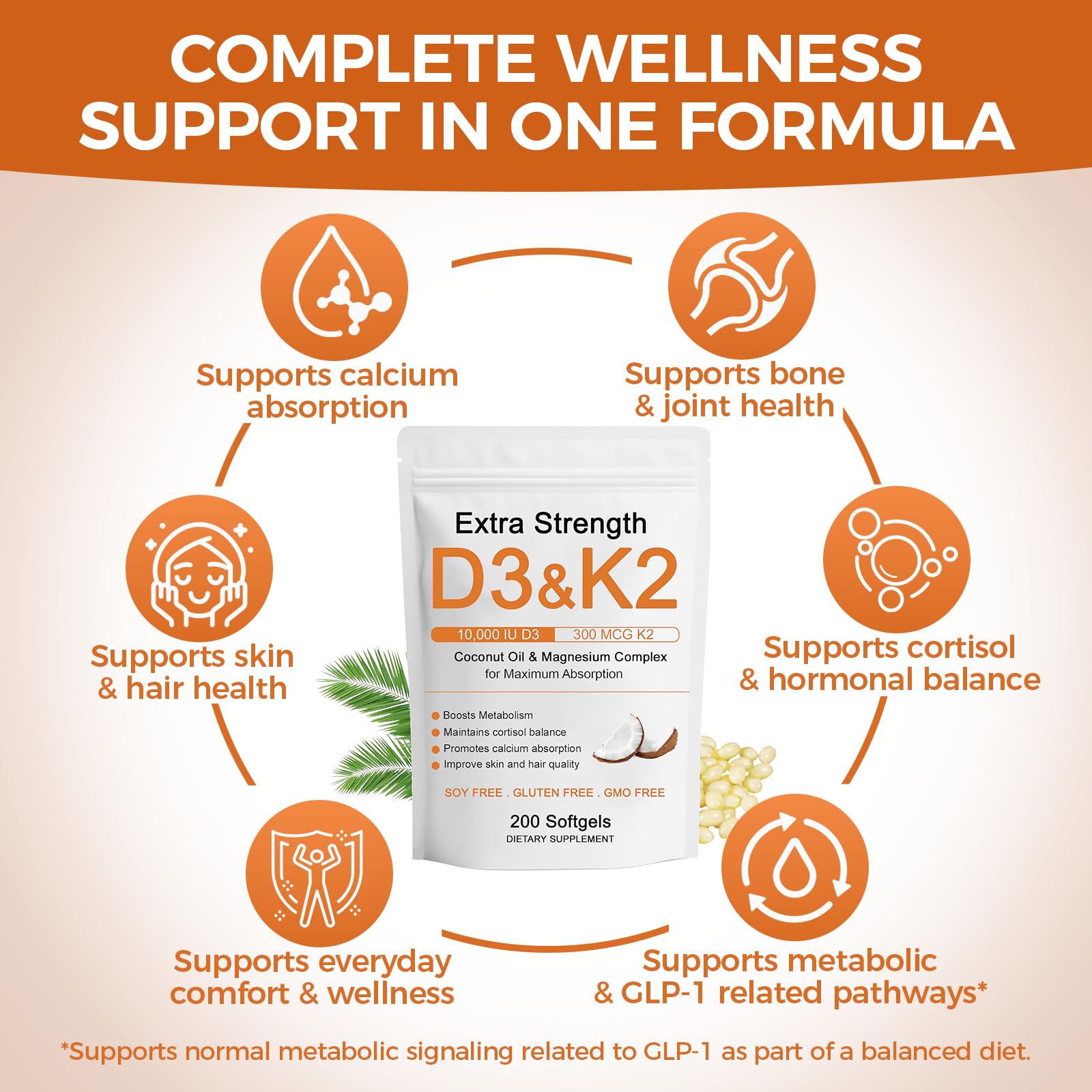 Hlonns D3 K2 Magnesio Complejo, etiqueta del producto, apoyo a la salud ósea diaria.