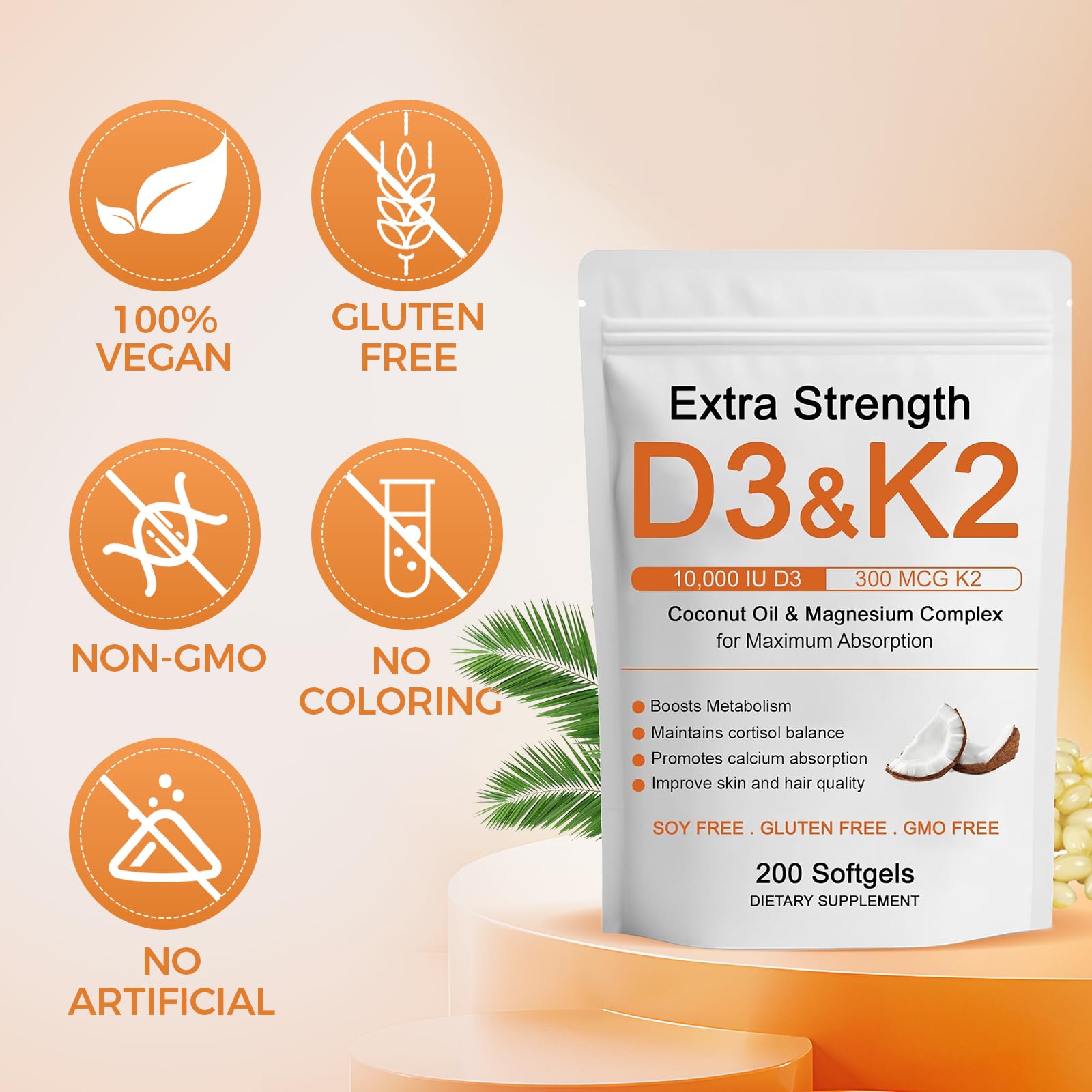 Hlonns D3 K2 Magnesio Complejo, presentación suave, fácil de tragar.