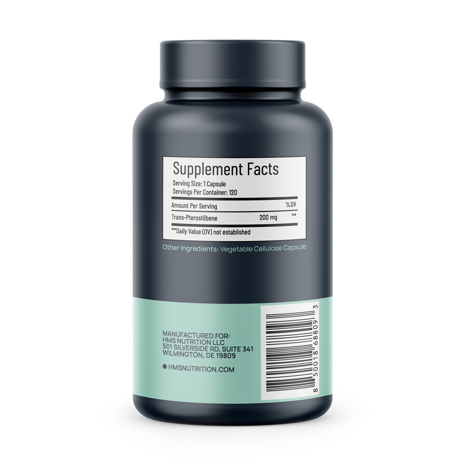 HMS Nutrition Trans-Pterostilbeno, etiqueta limpia, producto vegano y sin alérgenos.