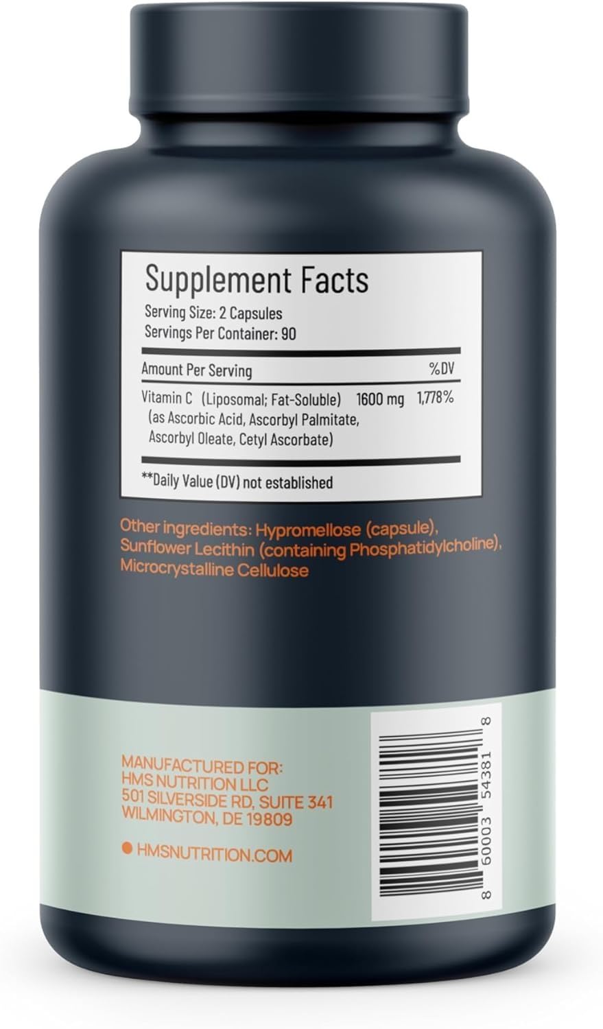 HMS Nutrition Liposomal Vitamina C 1600 mg, enfoque en inmunidad diaria y antioxidante.