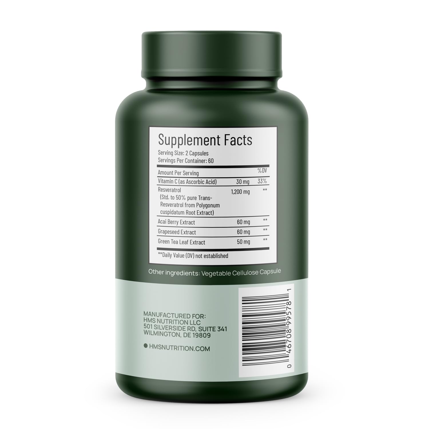 HMS Resveratrol envase y etiqueta clara para confianza