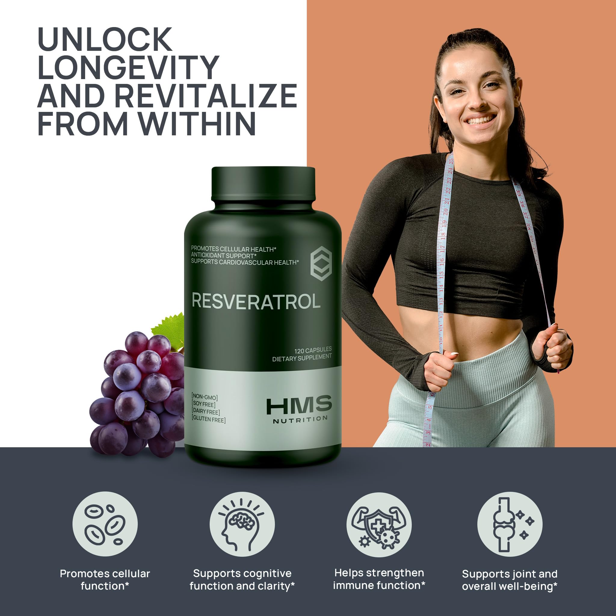 HMS Resveratrol con acai, uva y té verde para soporte celular