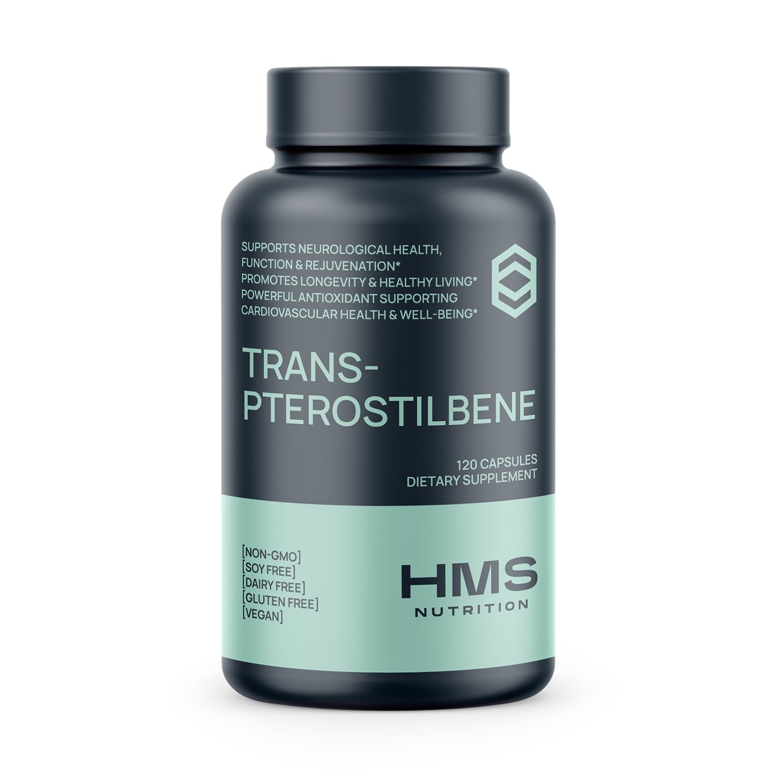 HMS Nutrition Trans-Pterostilbeno, botella de 200 mg, apoyo antioxidante para envejecimiento saludable.