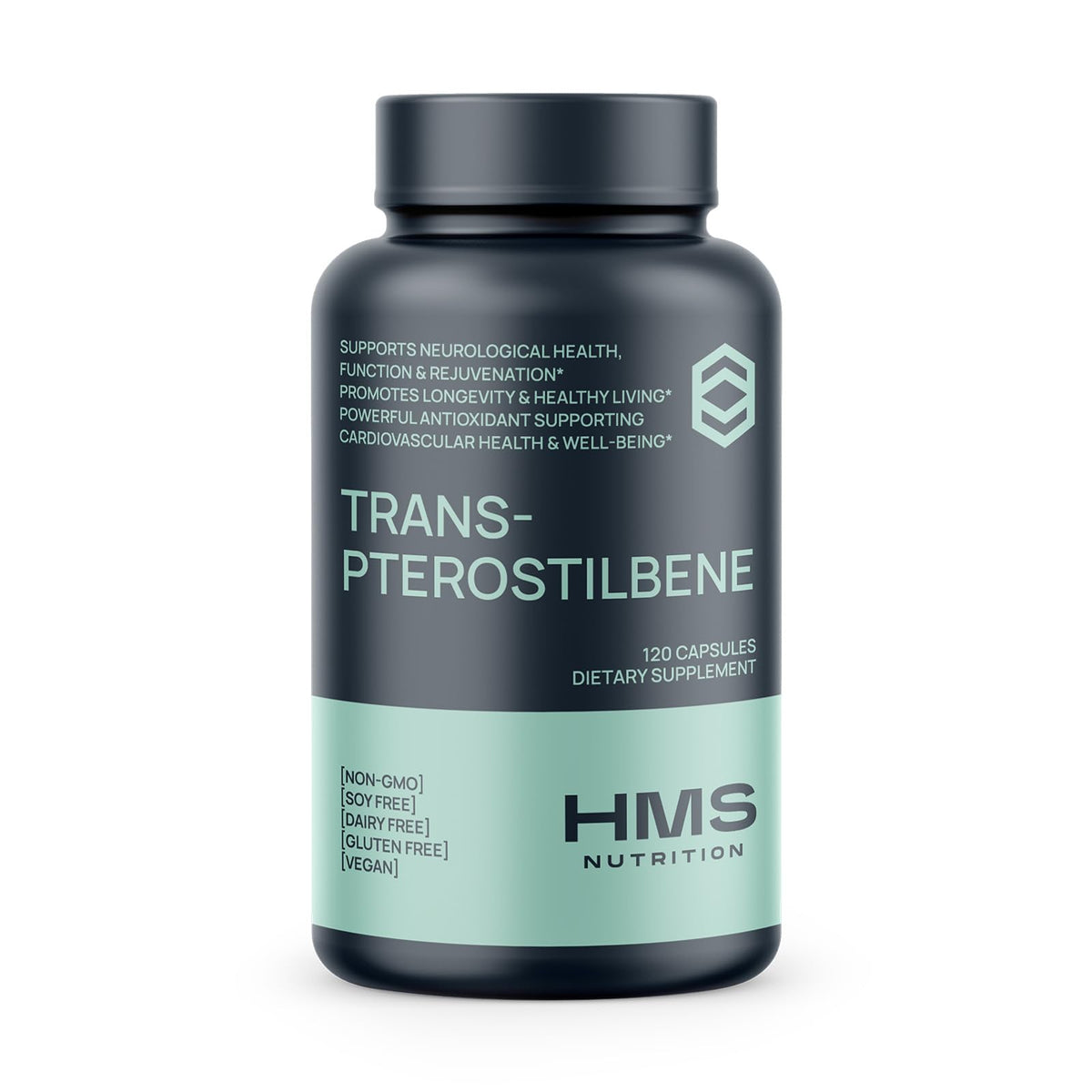 HMS Nutrition Trans-Pterostilbeno, botella de 200 mg, apoyo antioxidante para envejecimiento saludable.