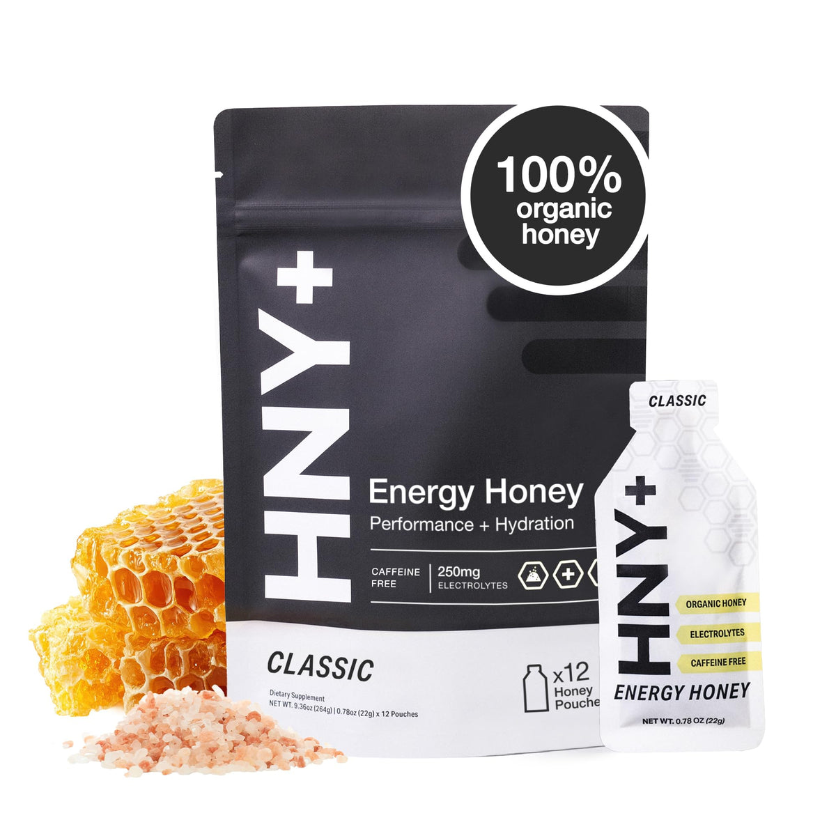HNY+ gel energizante de miel orgánica, frente, ideal para entrenamientos intensos