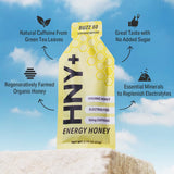 HNY+ Buzz gel con electrolitos para hidratación durante ejercicio intenso.