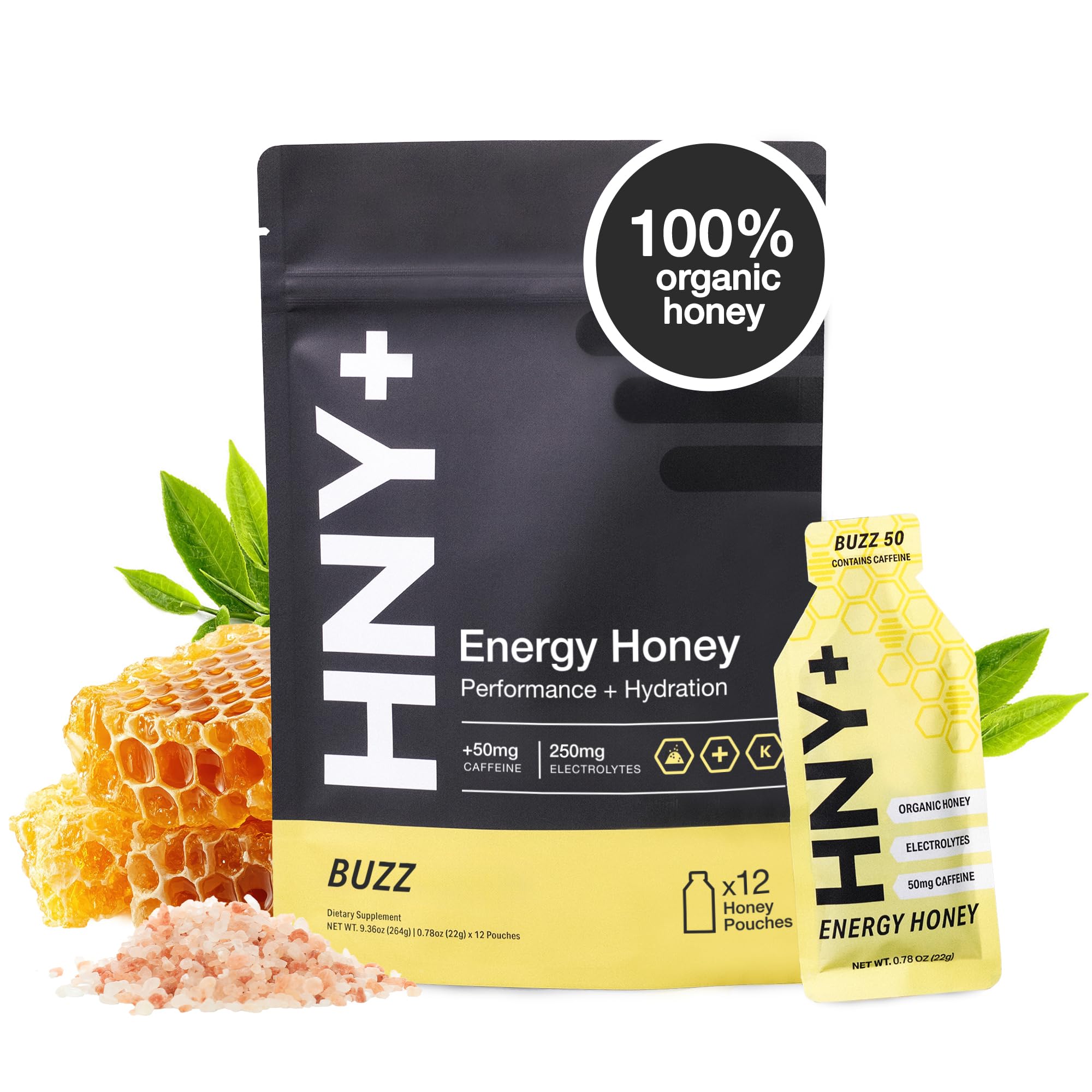 HNY+ Buzz Gel con empaque de miel, listo para entrenamientos.