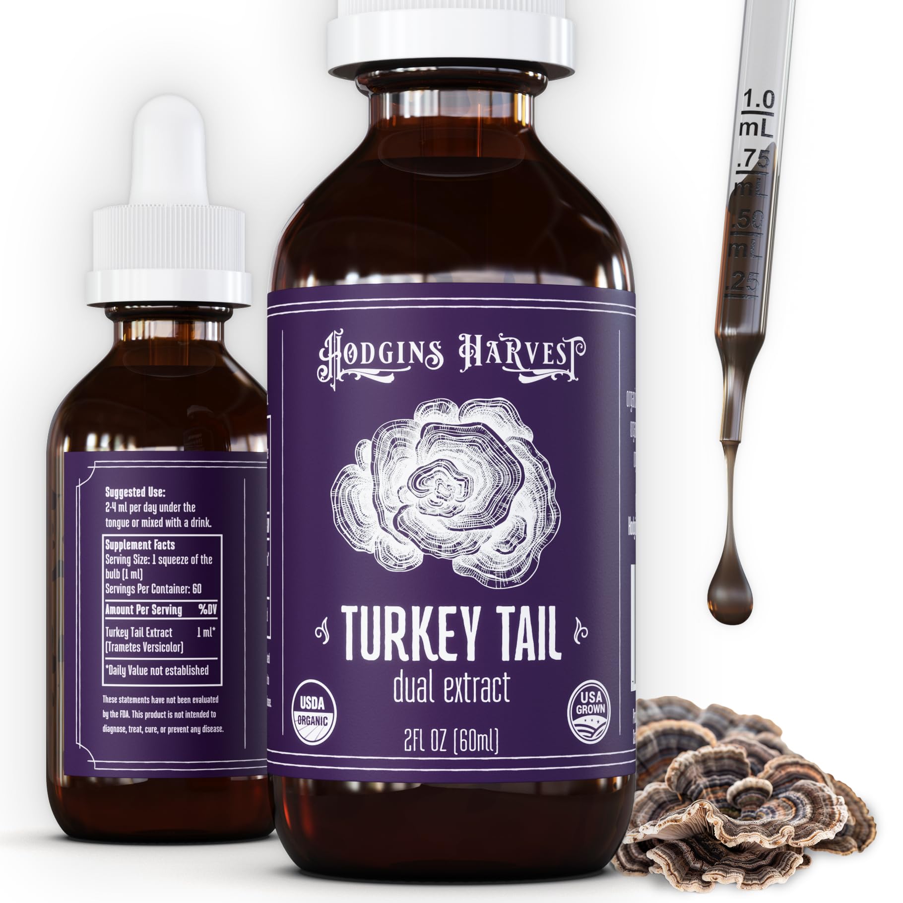 Tintura Hodgins Harvest Cola de Pavo en caja, cultivo orgánico para bienestar diario.