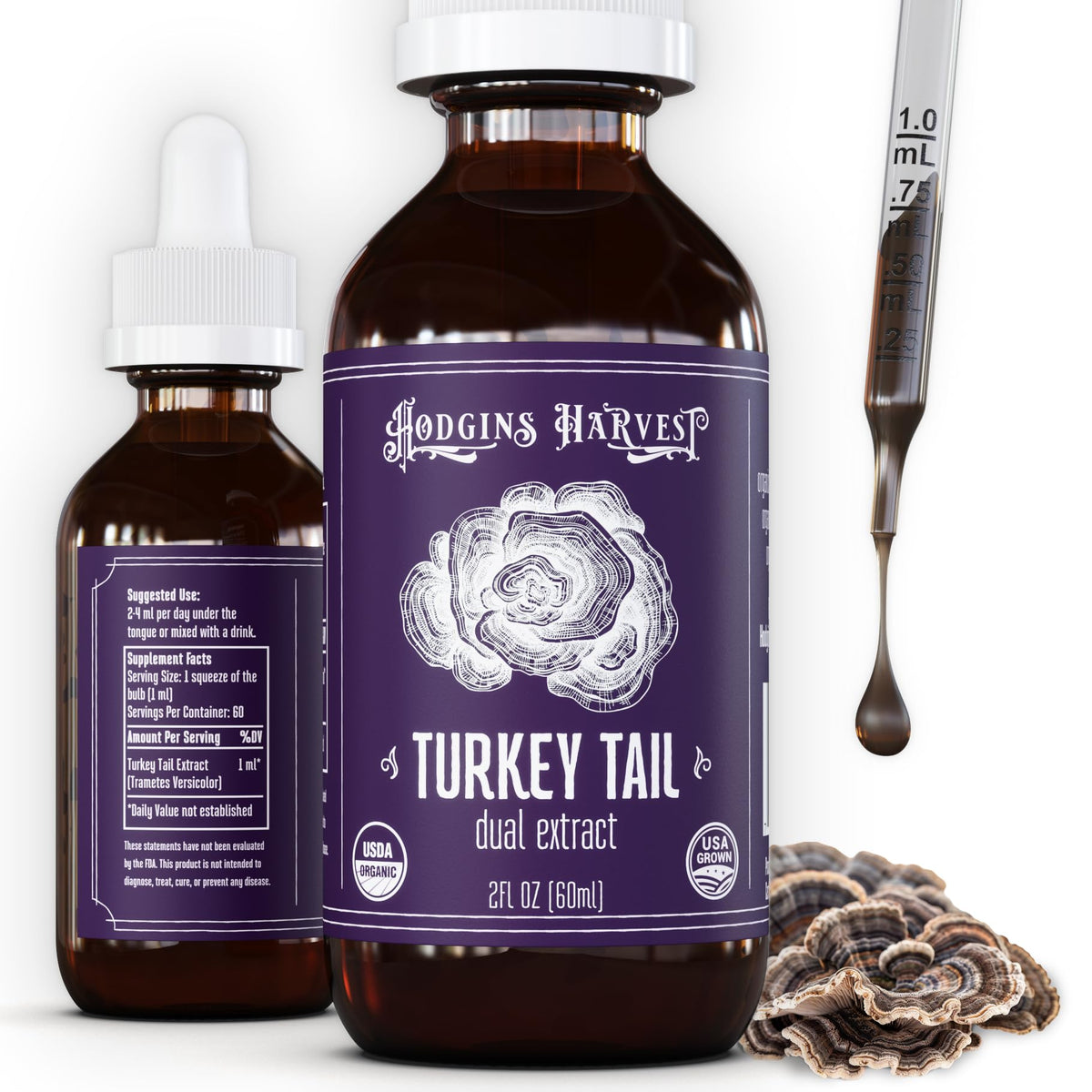 Tintura Hodgins Harvest Cola de Pavo en caja, cultivo orgánico para bienestar diario.