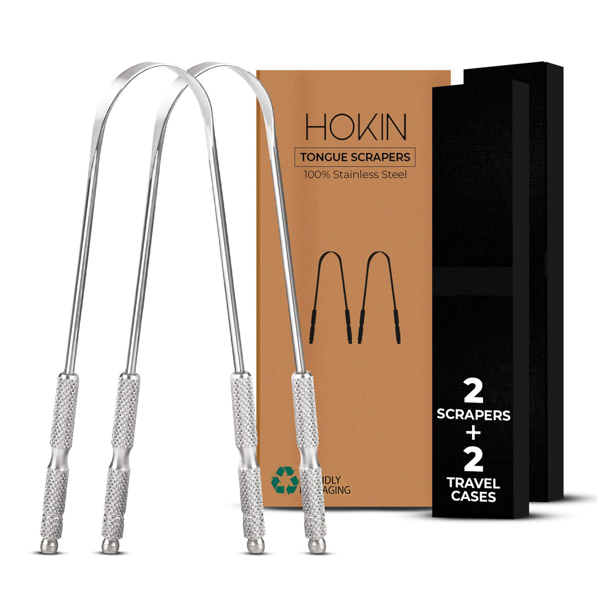 Limpia lengua HOKIN en acero inoxidable con dos piezas para adultos y familia.