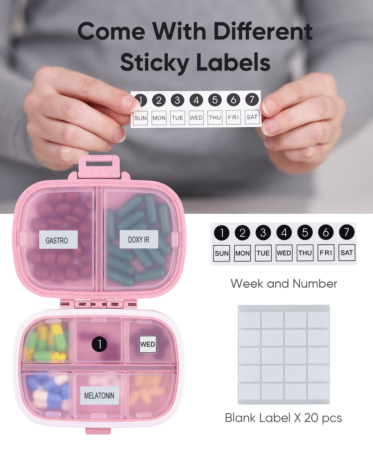 Holii organizador de pastillas con 8 compartimentos, rosa, facilita separar píldoras.