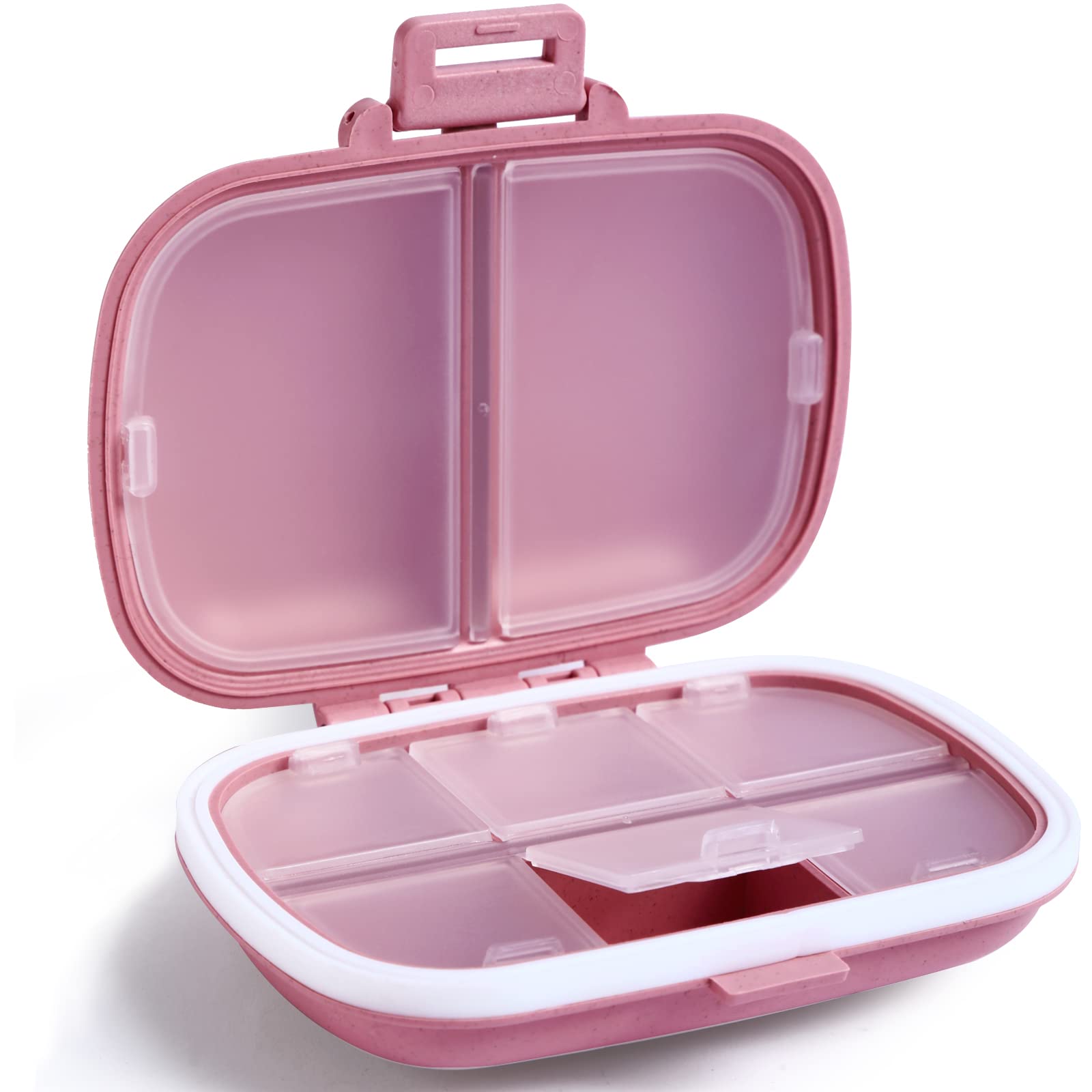 Holii organizador de pastillas, vista exterior rosa, ideal para llevar en bolso o maleta.