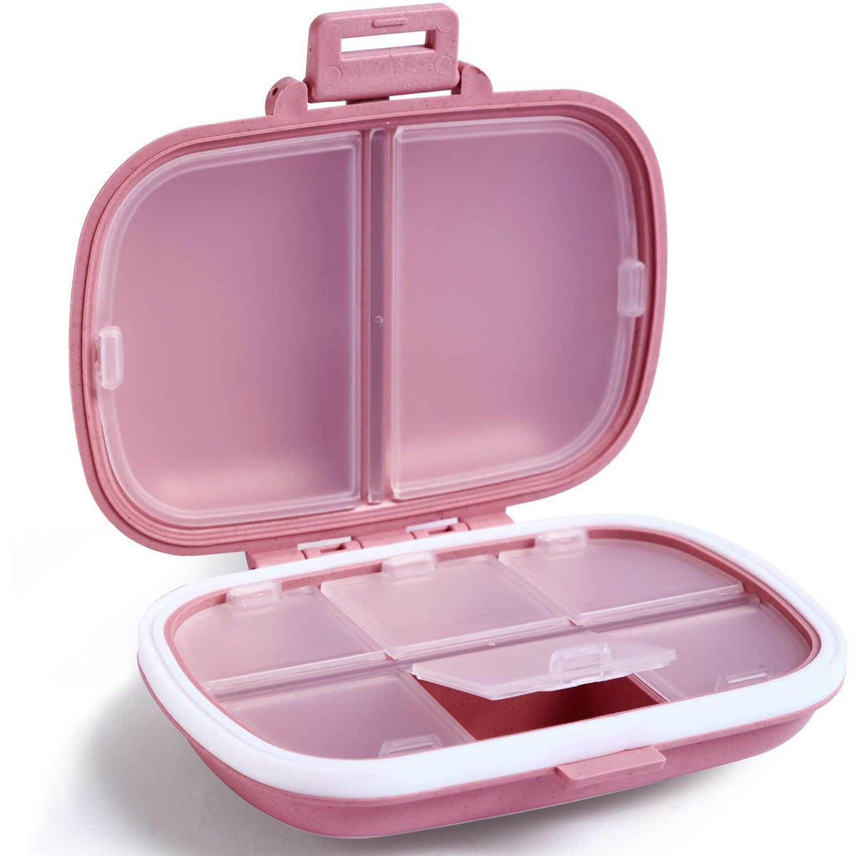 Holii organizador de pastillas, vista exterior rosa, ideal para llevar en bolso o maleta.