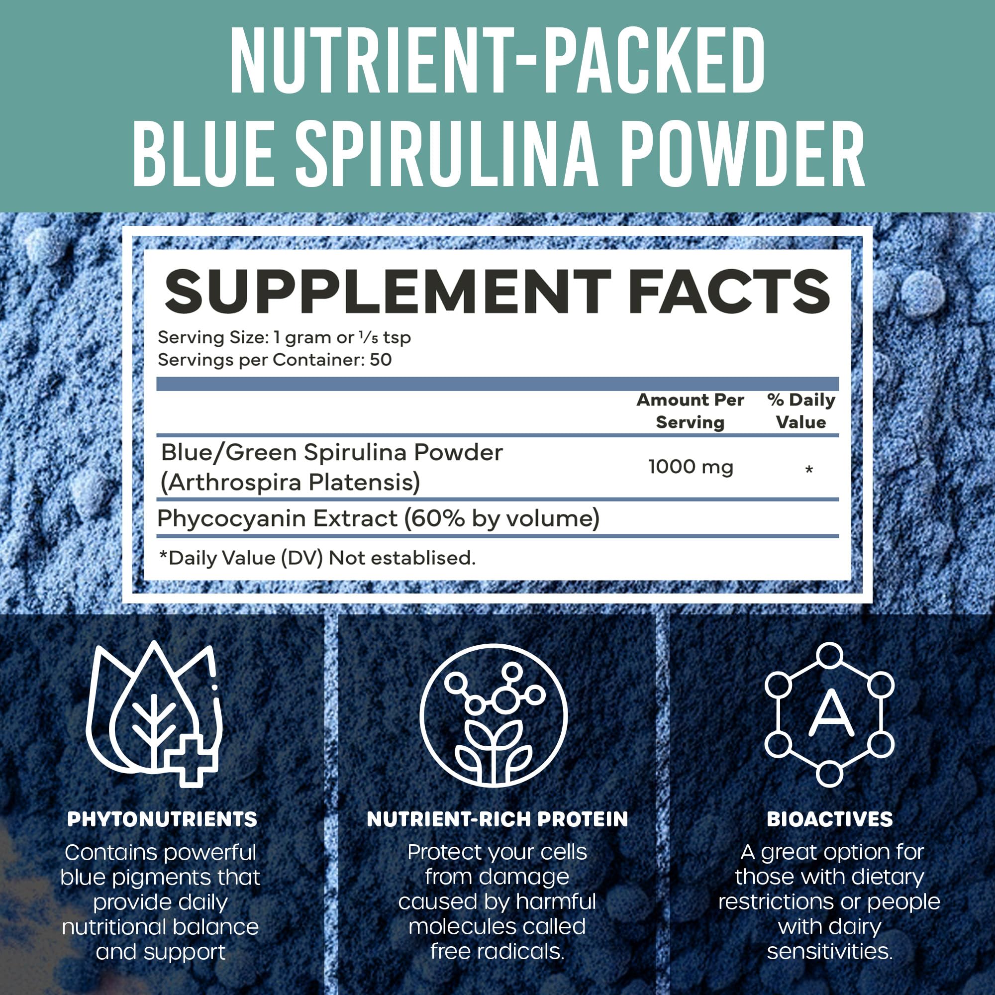 Holistic Bin espirulina azul batido cremoso para energía diaria.