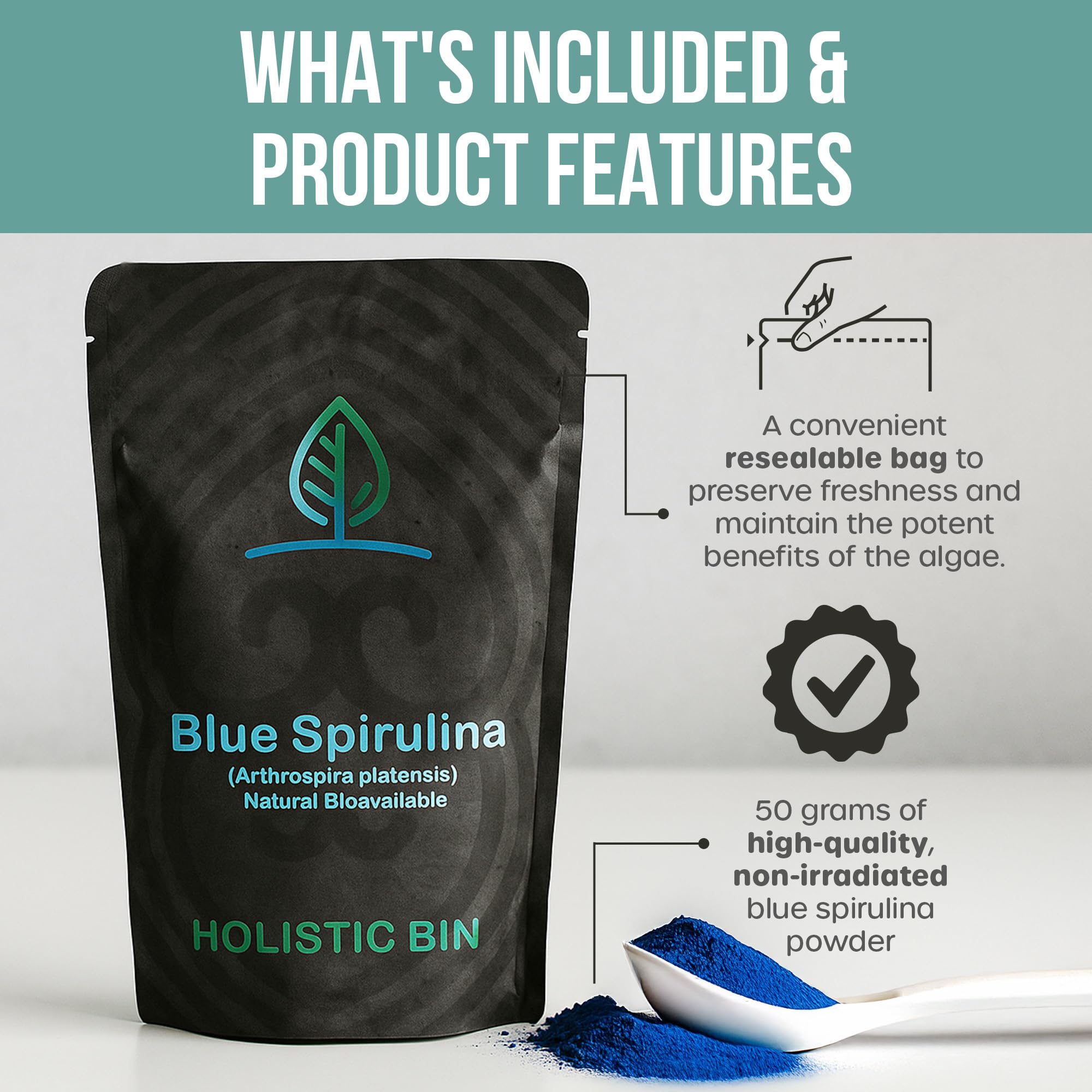 Holistic Bin espirulina azul, bolsa con cierre hermético para conservar frescura.
