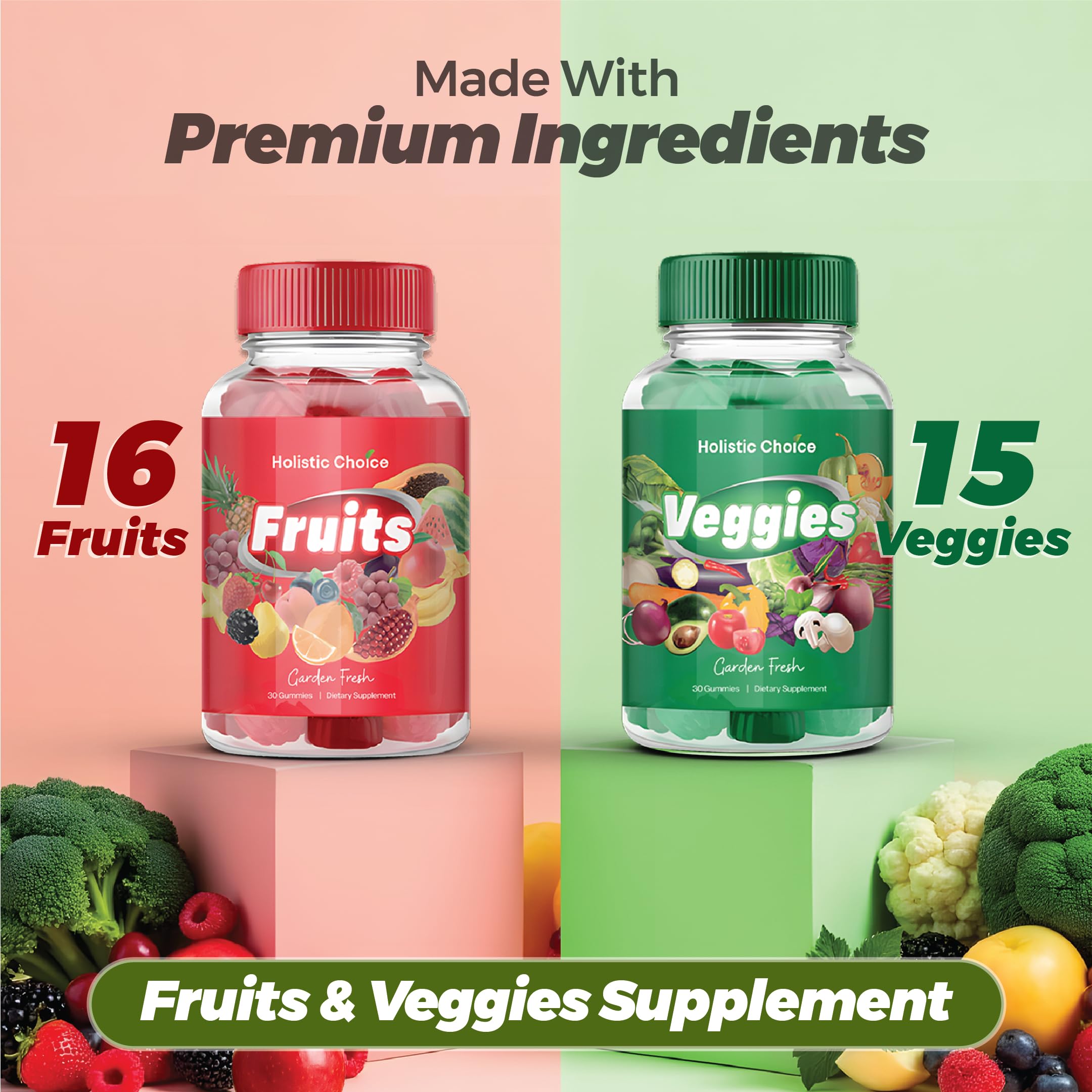 Ingredientes reales de frutas y verduras en cada gomita Holistic Choice