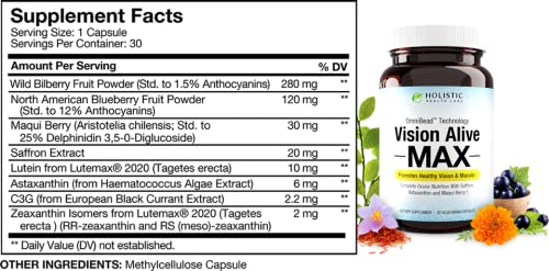 Vision Alive Max, etiqueta clara, destaca ingredientes naturales para el cuidado visual diario