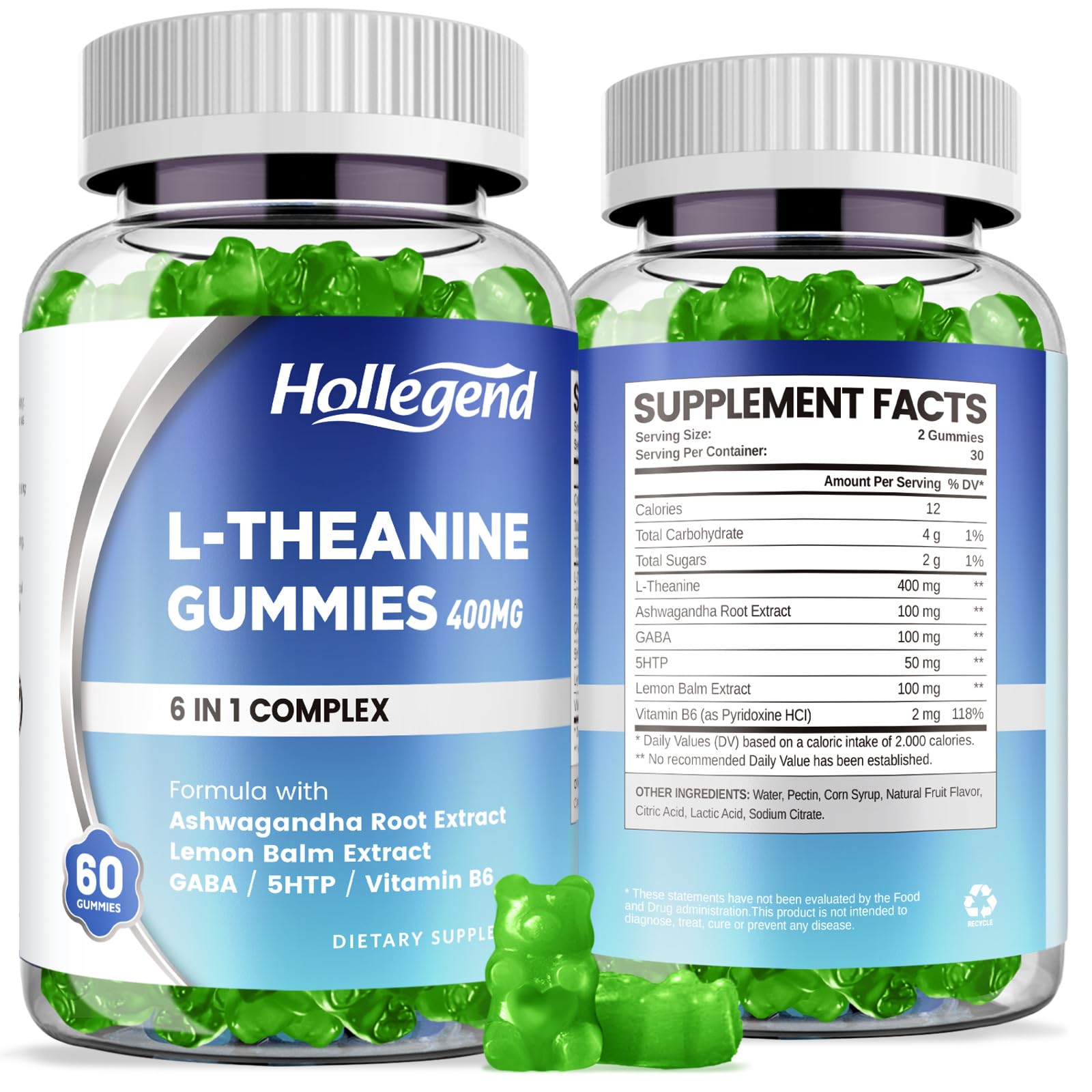 HOLLEGEND L-teanina gominolas en empaque, opción práctica para relajación diaria.