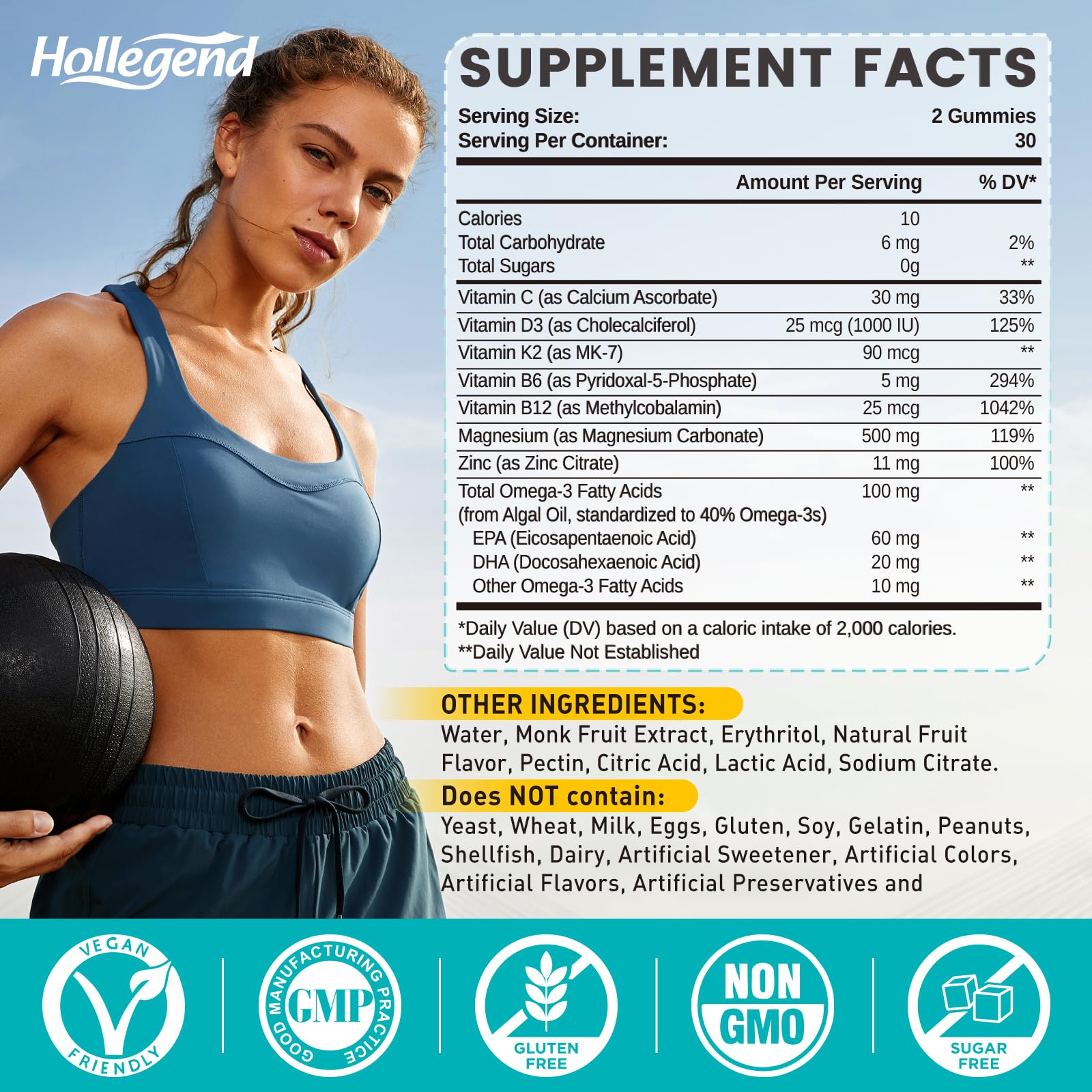 Gomitas HOLLEGEND con D3 y K2, zinc y vitaminas para absorción de minerales.