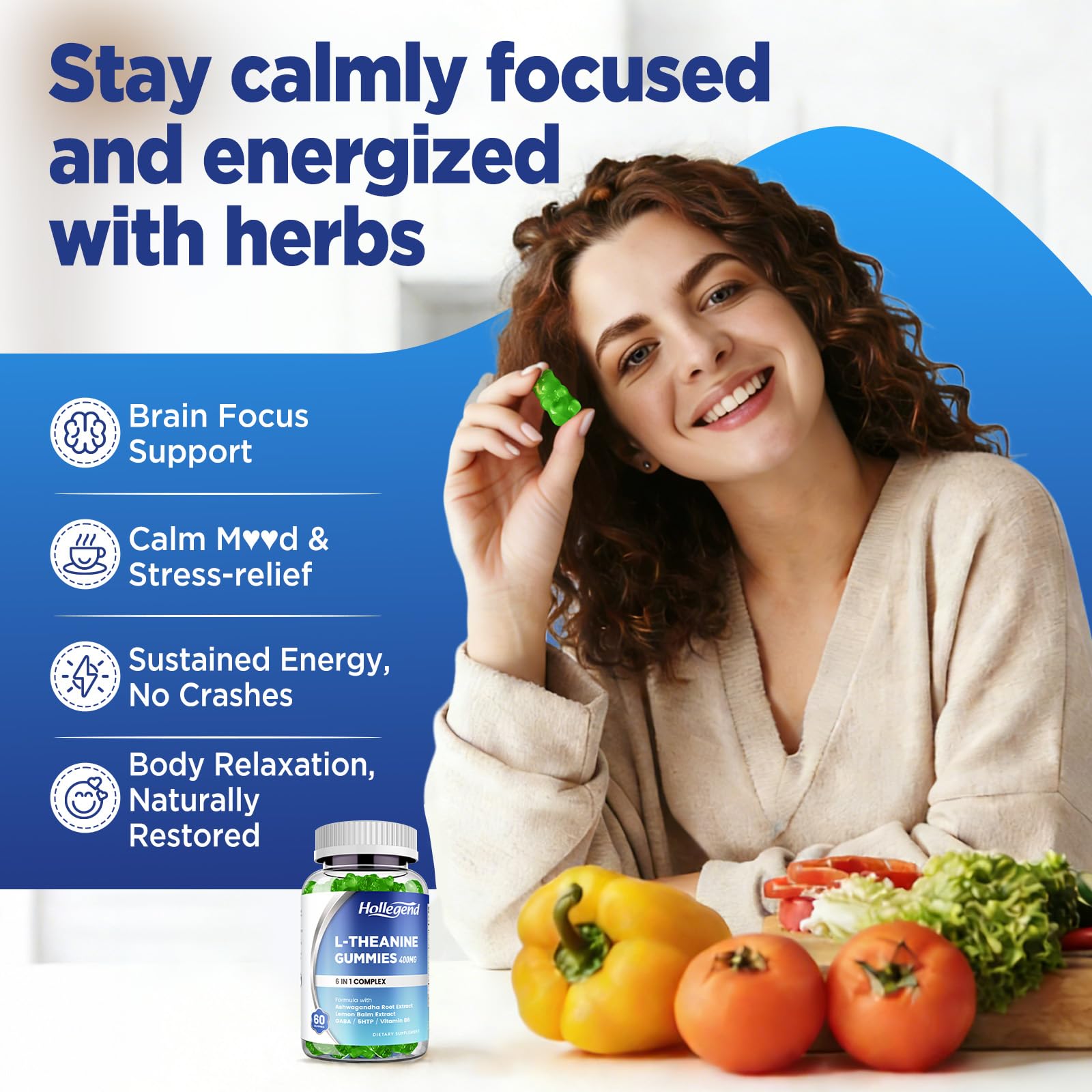 HOLLEGEND L-teanina, GABA y ashwagandha, ingredientes clave para bienestar diario.
