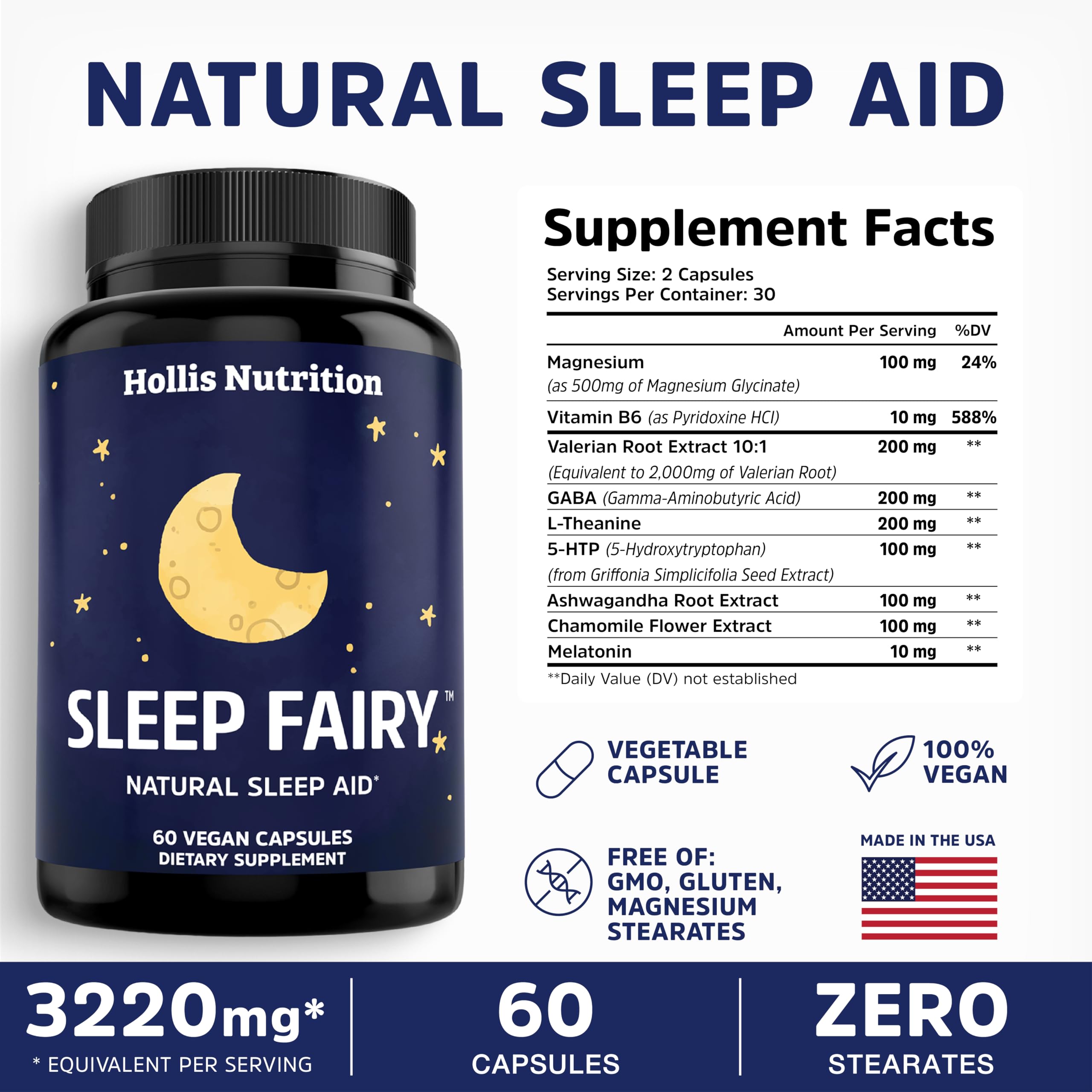 Sleep Fairy contiene melatonina 10 mg para facilitar la conciliación del sueño.