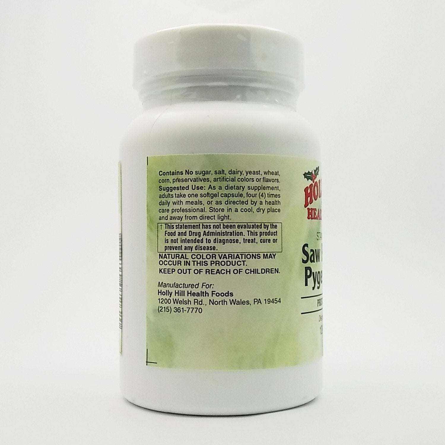 Holly Hill Health Foods Saw Palmetto Pygeum Plus, detalle de cápsula para uso diario
