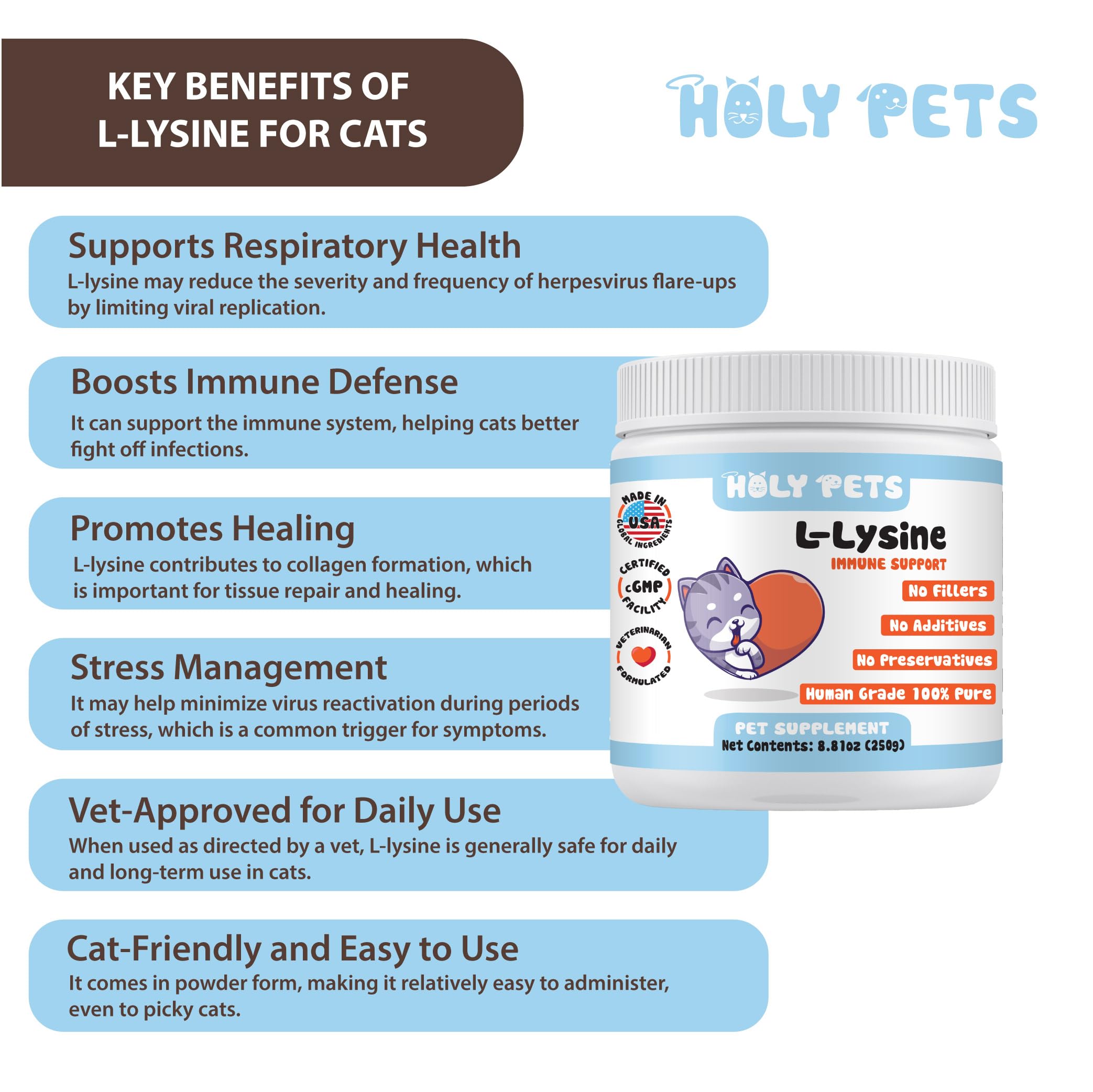Holy Pets Lisina para apoyo inmunitario y respiratorio, ideal para síntomas estacionales en gatos.