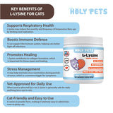 Holy Pets Lisina para apoyo inmunitario y respiratorio, ideal para síntomas estacionales en gatos.