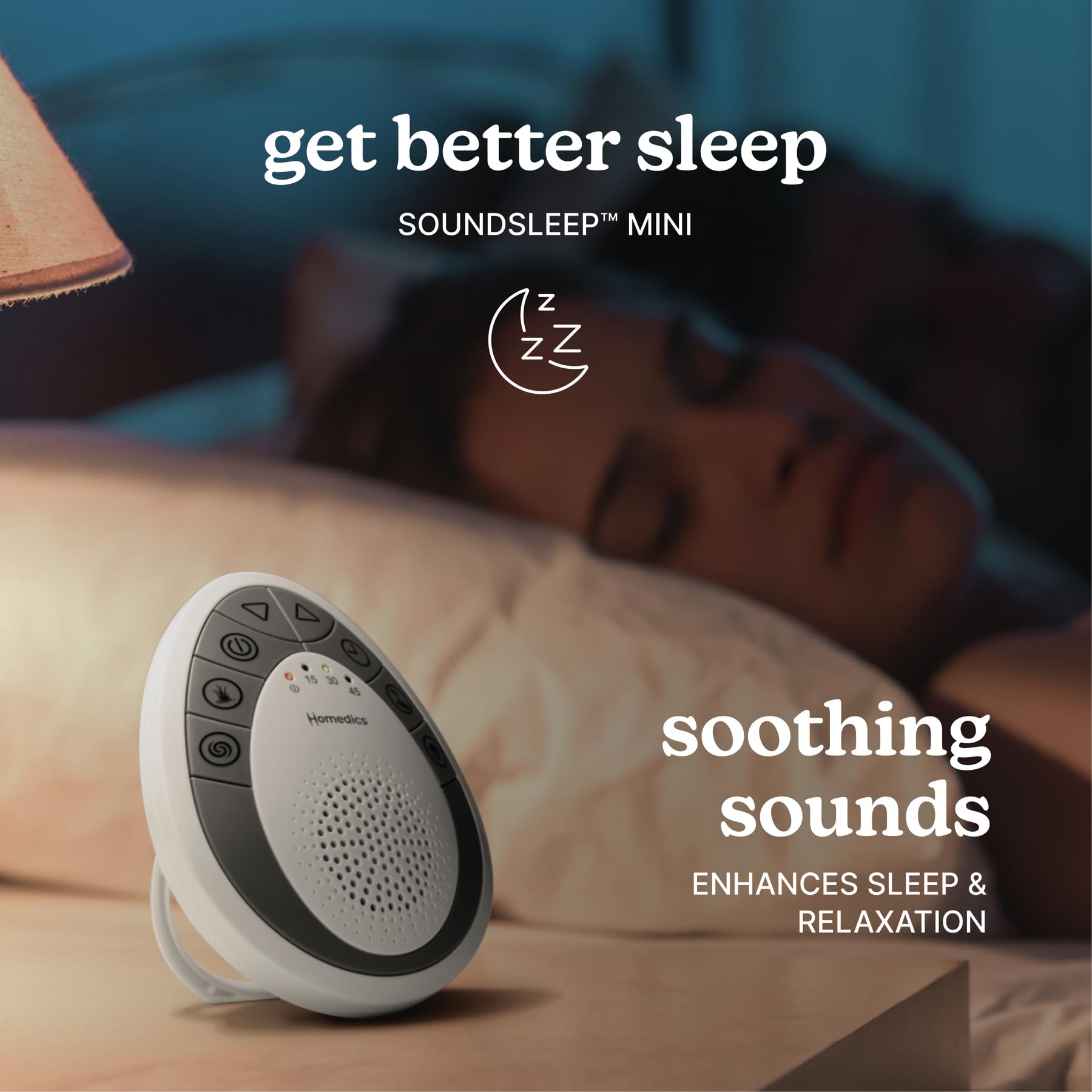 Homedics ofrece cuatro sonidos naturales para relajación y concentración.
