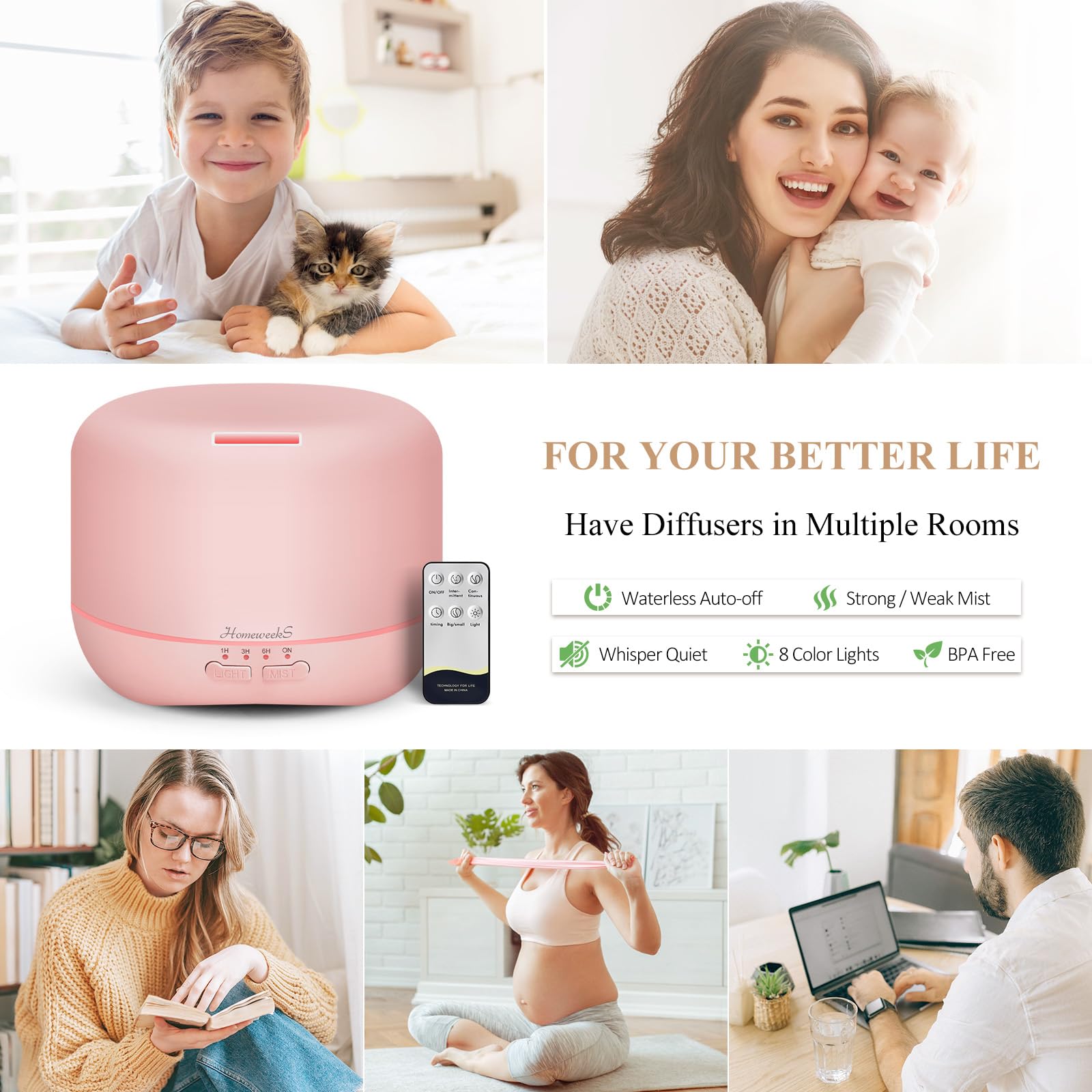 Homeweeks difusor rosa genera niebla suave para humidificar la habitación