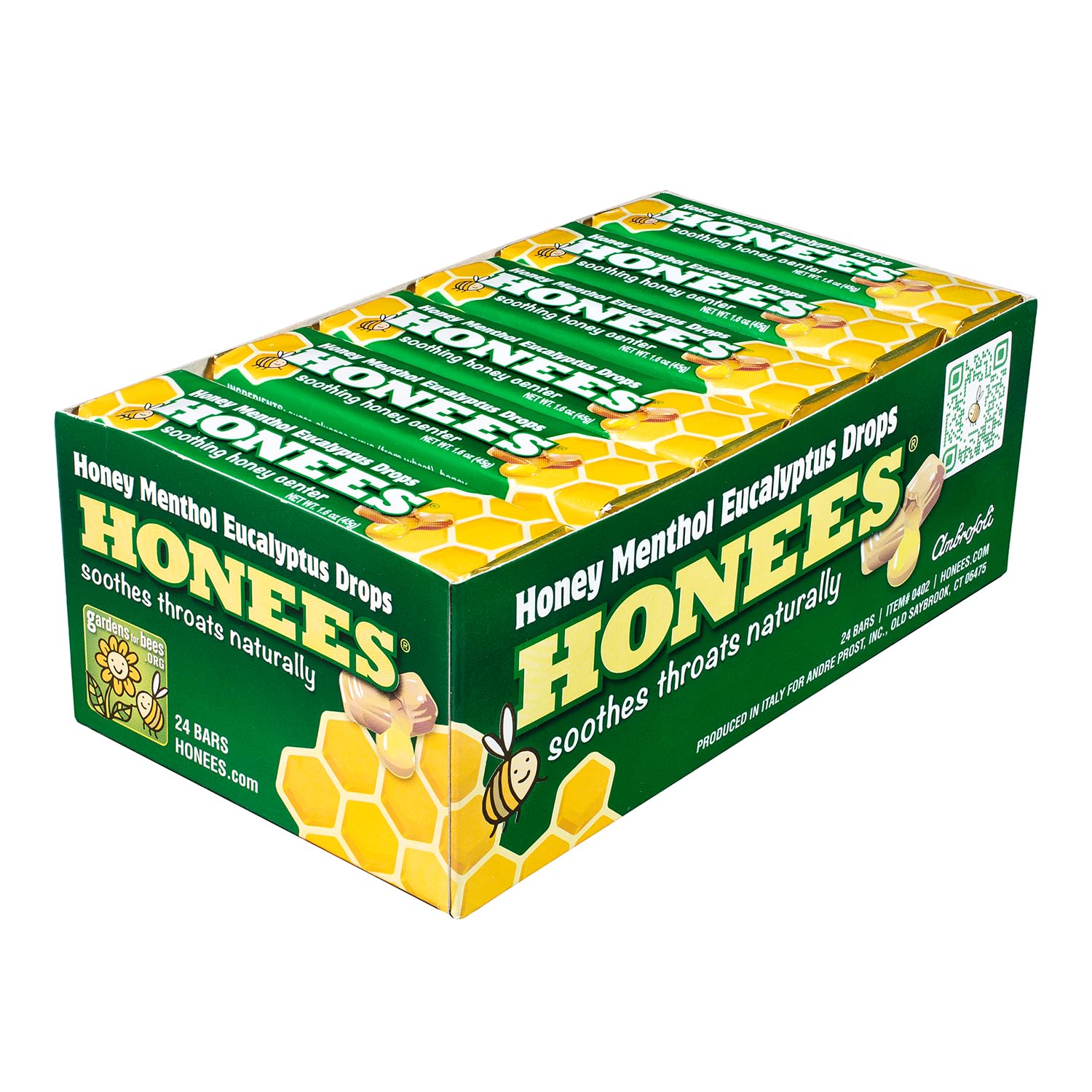 Honees drops en bote con mentol y eucalipto para alivio natural de la garganta.