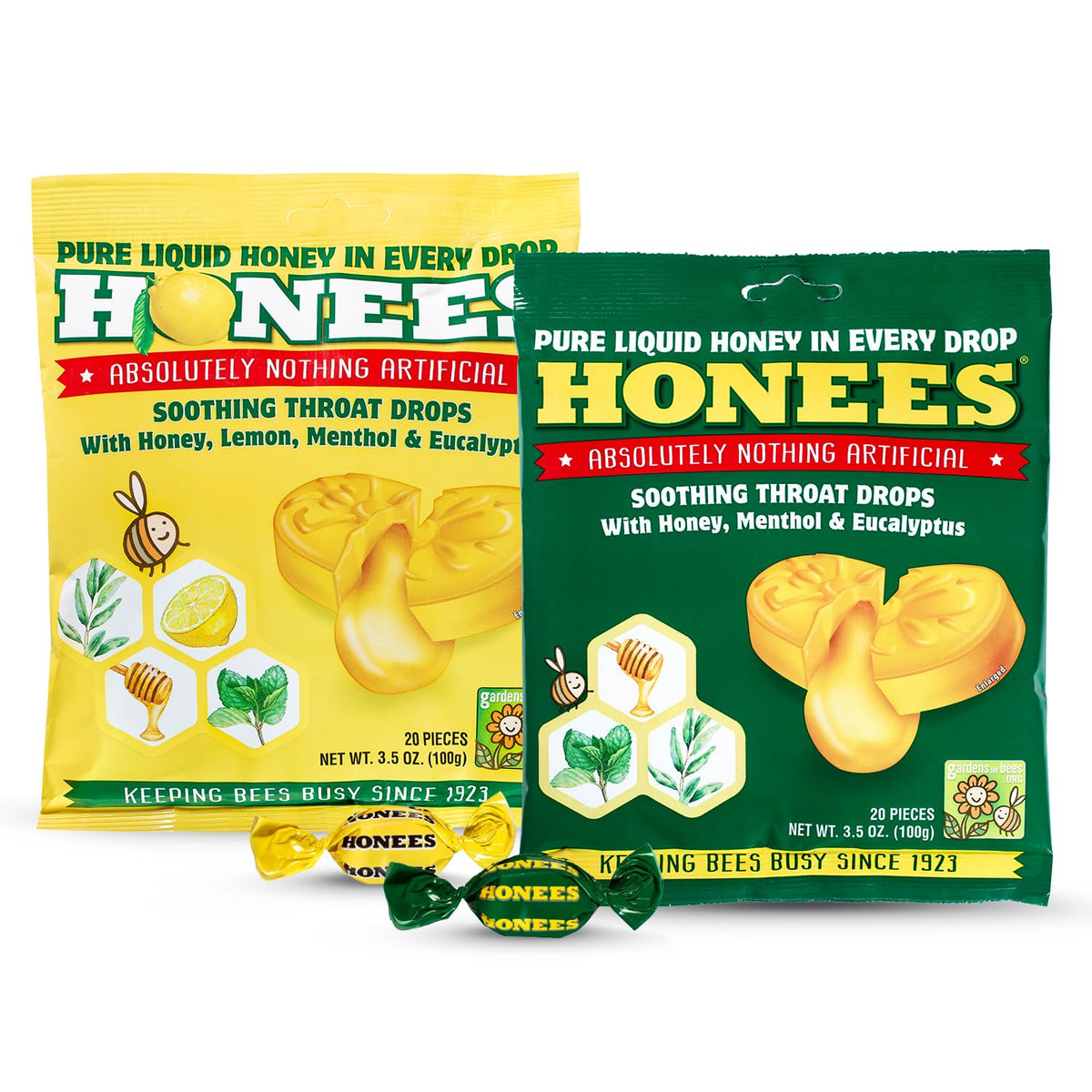 Honees Drops empaque frontal de 40 gotas para alivio suave de la garganta.