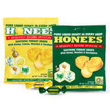 Honees Drops empaque frontal de 40 gotas para alivio suave de la garganta.