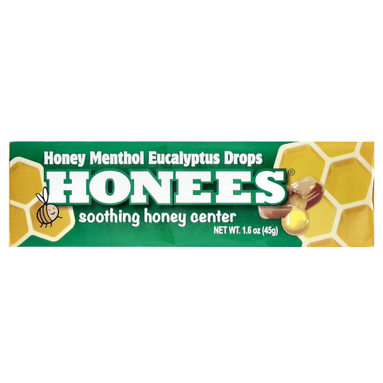Envase de Honees Drops con miel y mentol para uso diario.