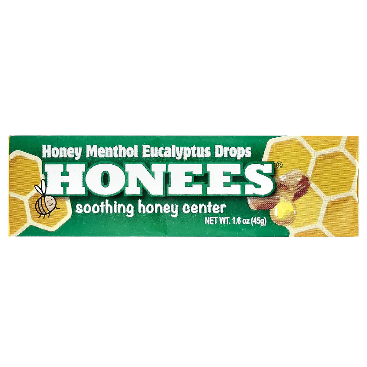 Envase de Honees Drops con miel y mentol para uso diario.