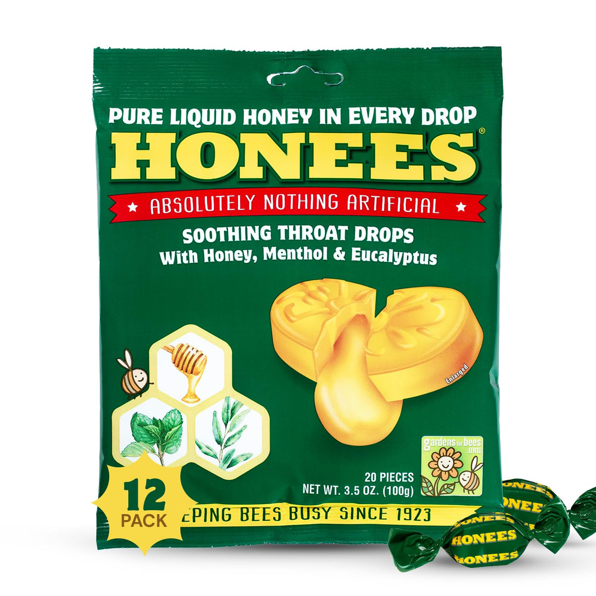 Honees menthol-eucalipto pack: alivio refrescante para garganta irritada en casa.