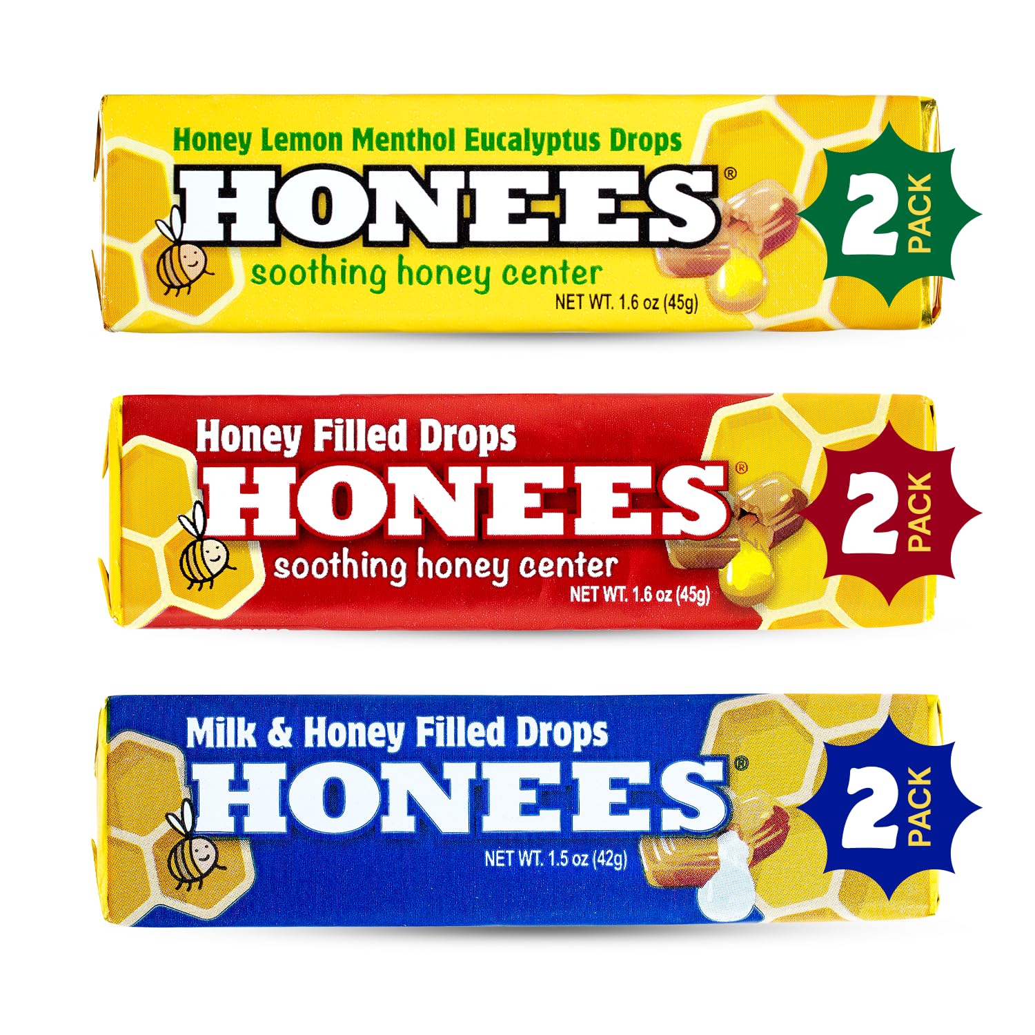 HONEES Pastillas rellenas de miel: paquete variado de sabores para alivio suave de garganta.