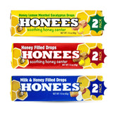 HONEES Pastillas rellenas de miel: paquete variado de sabores para alivio suave de garganta.