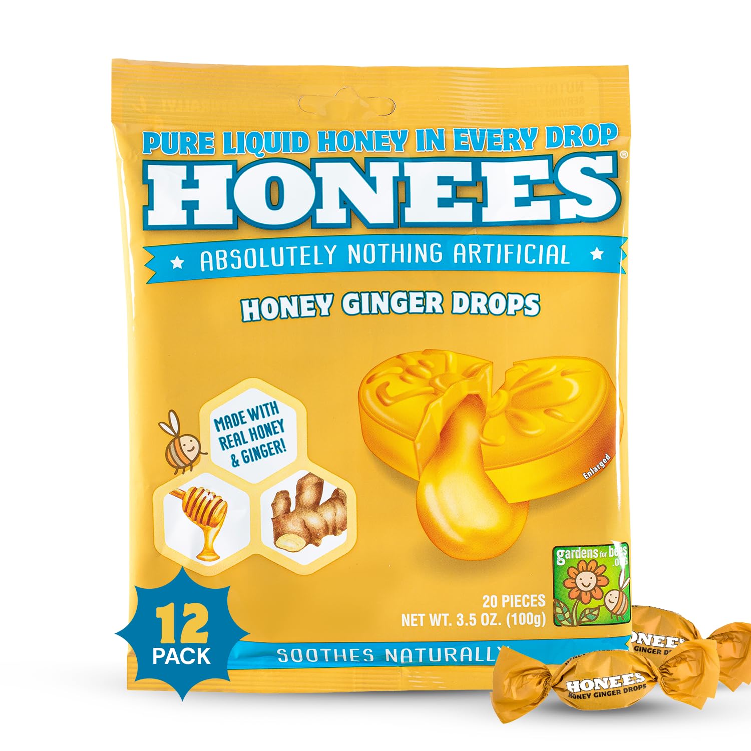 Pastillas Honees de miel y jengibre en envase individual para alivio portátil.