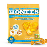 Pastillas Honees de miel y jengibre en envase individual para alivio portátil.