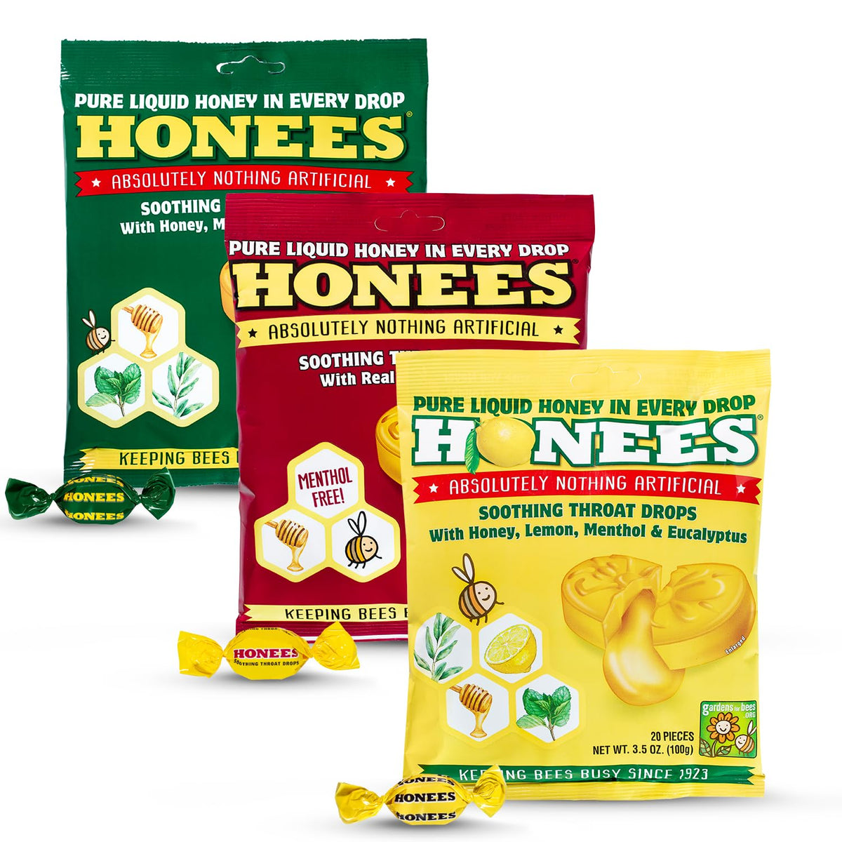 Gotas Honees miel, paquete variedad, alivio suave para la garganta.