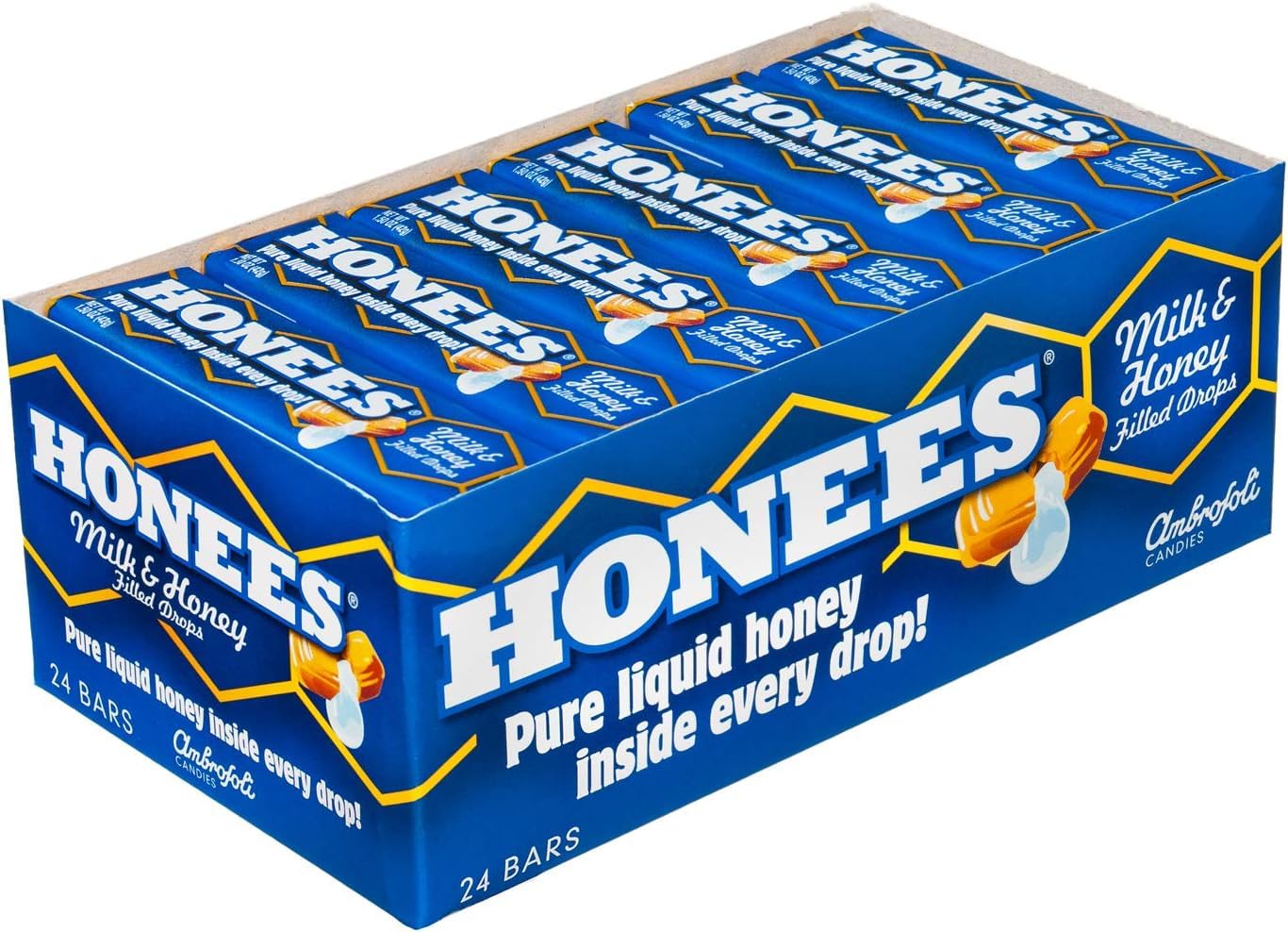 Gotas Honees de Miel y Leche: presentación de 24 paquetes para conveniencia.