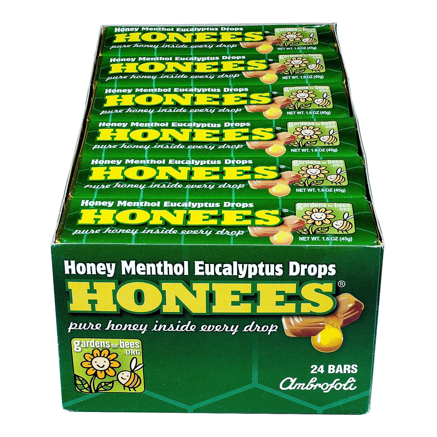 Pastillas Honees Mentol Eucalipto en caja de 24 para un refrescante impulso.